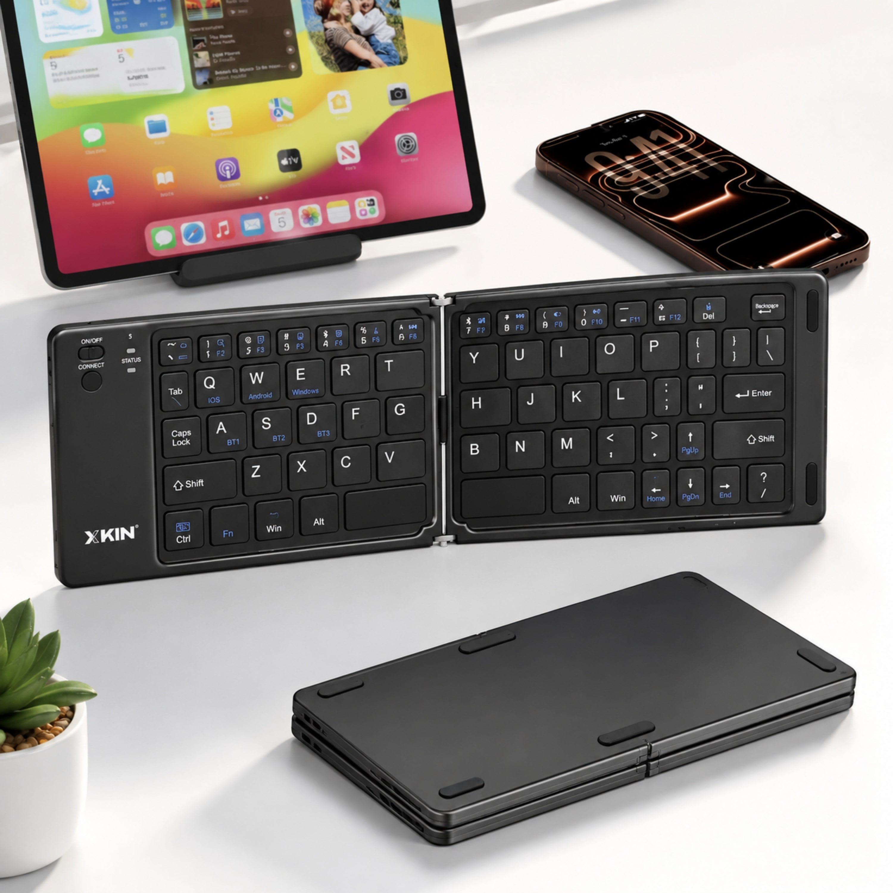 Siyah Katlanabilir Kablosuz Bluetooth Klavye Çoklu Cihaz Destekli Şarj Edilebilir Mini Taşınabilir Klavye Telefon Tablet Bilgisayar Uyumlu Telefon Standlı