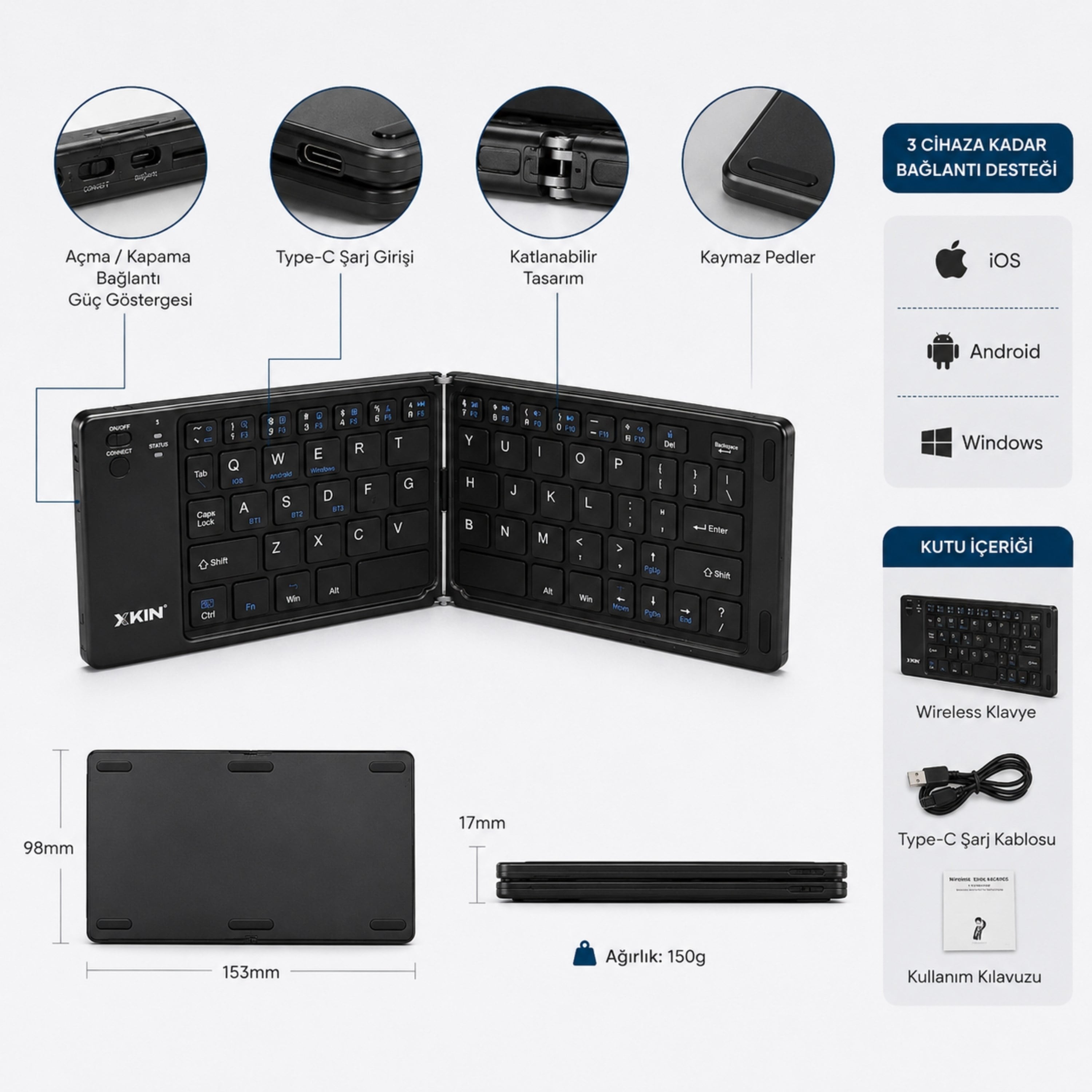 Siyah Katlanabilir Kablosuz Bluetooth Klavye Çoklu Cihaz Destekli Şarj Edilebilir Mini Taşınabilir Klavye Telefon Tablet Bilgisayar Uyumlu Telefon Standlı