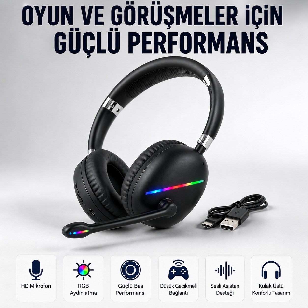 Siyah Max17 RGB Aydınlatmalı Bluetooth 5.0 Kablosuz Kulak Üstü Oyuncu Kulaklığı Mikrofonlu 40 mm Güçlü Ses TF Kart Destekli Type C Şarjlı Gaming Headset