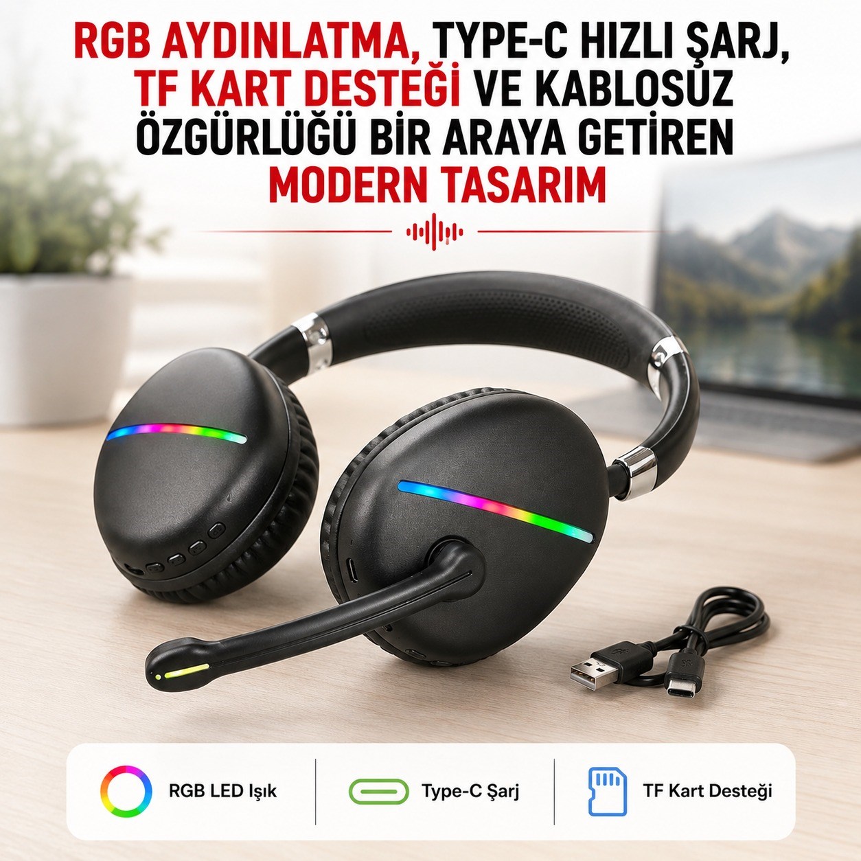 Siyah Max17 RGB Aydınlatmalı Bluetooth 5.0 Kablosuz Kulak Üstü Oyuncu Kulaklığı Mikrofonlu 40 mm Güçlü Ses TF Kart Destekli Type C Şarjlı Gaming Headset