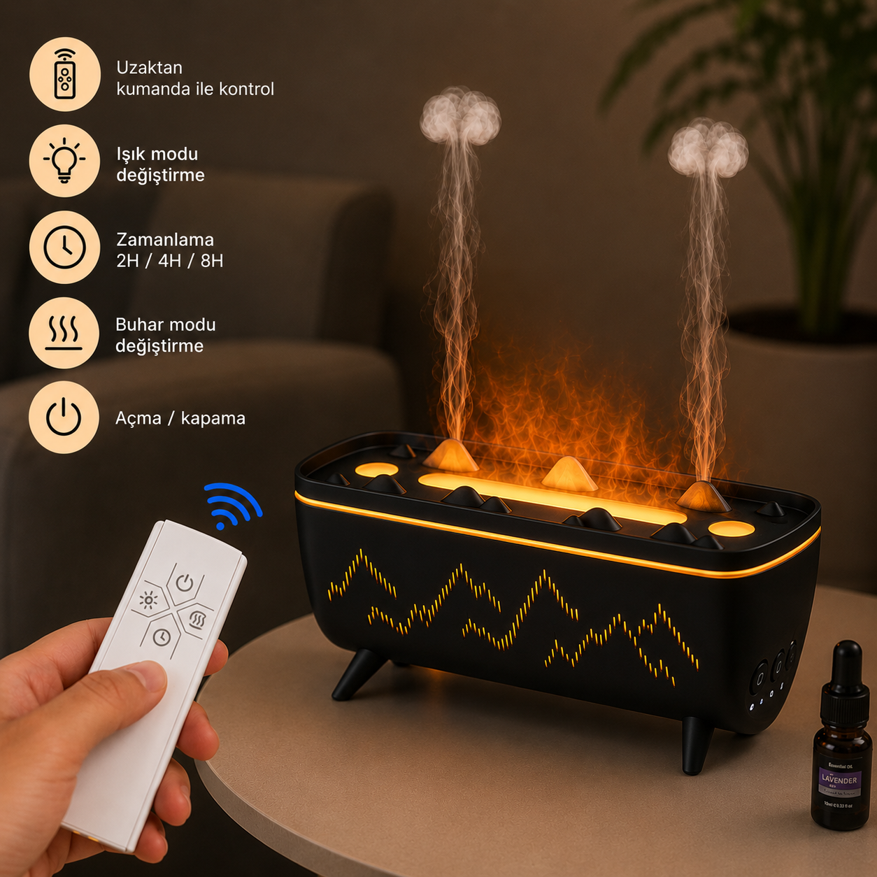 Siyah PDPG-V72 280 ML Alev Efektli Aroma Difüzörü ve Hava Nemlendirici Kablolu 3 Renk LED Işıklı Uzaktan Kumandalı Zaman Ayarlı Dekoratif Buhar Makinesi