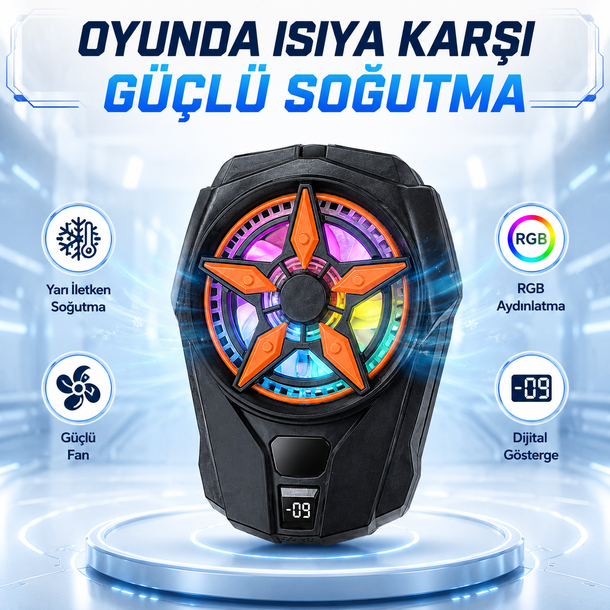 SL-09 Telefon Soğutucu Yarı İletken Hızlı Soğutma Güçlü Fan RGB Aydınlatmalı Dijital Göstergeli Mobil Oyun Soğutucu