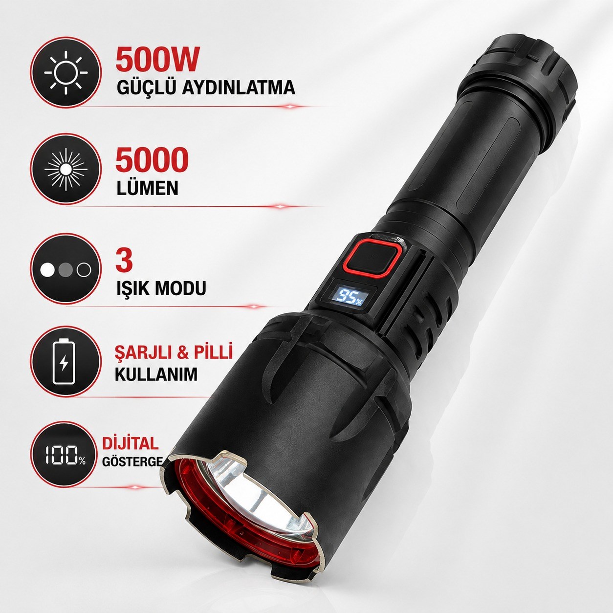SM-T288 Şarjlı El Feneri 5000 Lümen 500W Güçlü Aydınlatma 3 Işık Modlu Dijital Göstergeli Pilli Kullanımlı Kamp ve Acil Durum Feneri