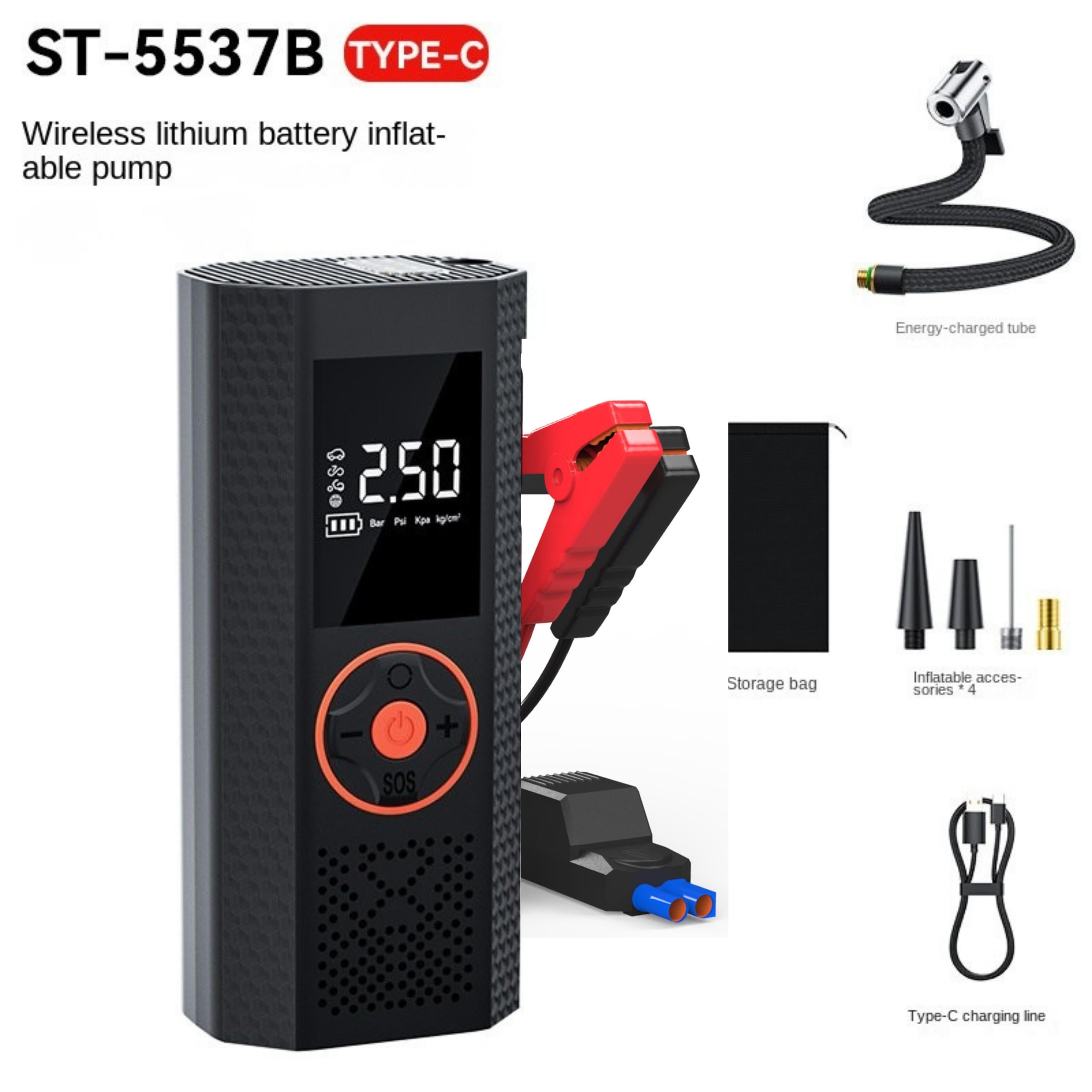 ST-5537 12000 mah Akü Takviye Cihazı Şarjlı Taşınabilir Hava Kompresörü Dijital Ekranlı Araç Lastik Bisiklet Top Şişirme Güçlü Motorlu Araç Pompası