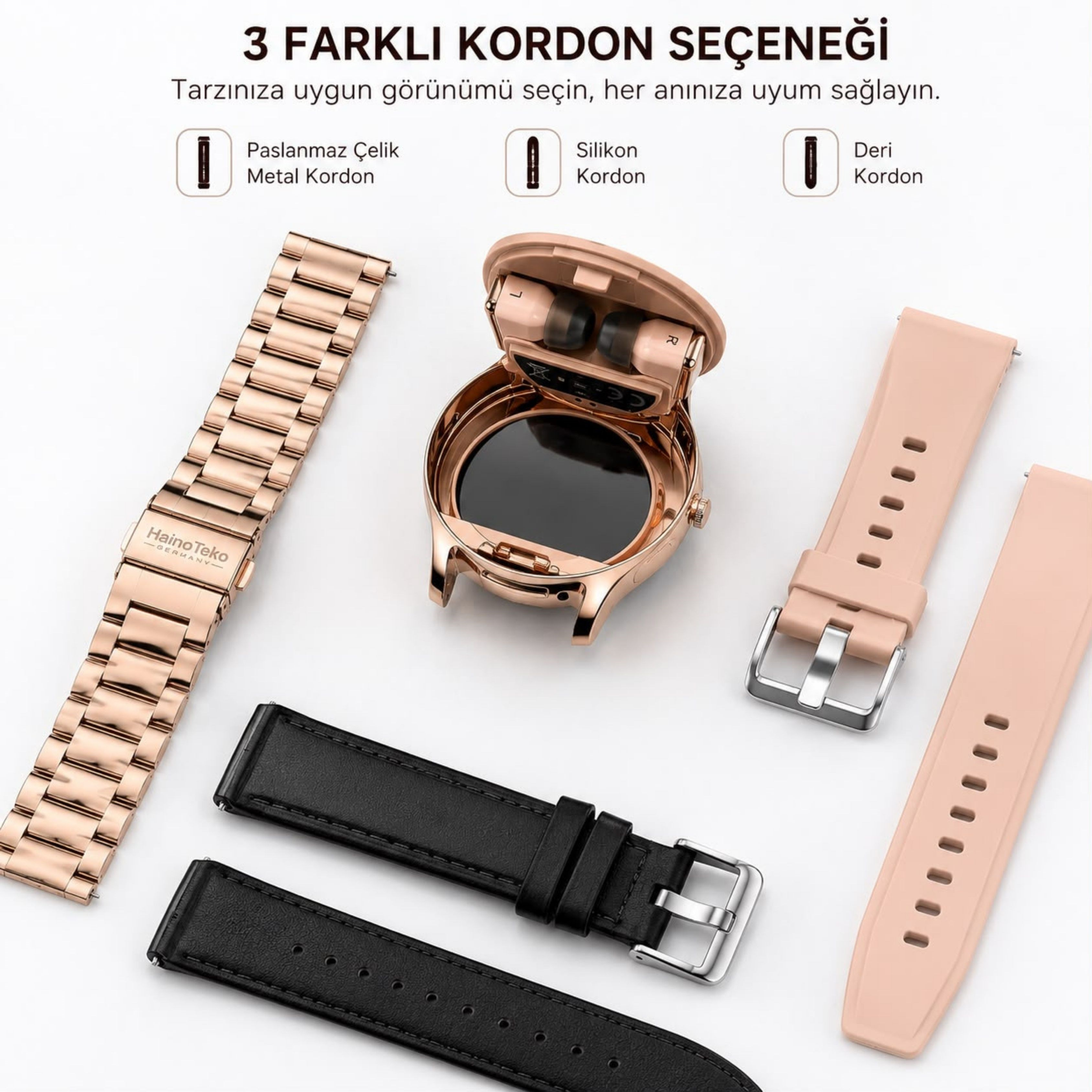 ST9 Watch Buds Kadın Akıllı Saat ve Kablosuz Bluetooth Kulaklık Seti AMOLED Ekran Bluetooth Arama Suya Dayanıklı 3 Kordonlu Kadın Smart Watch