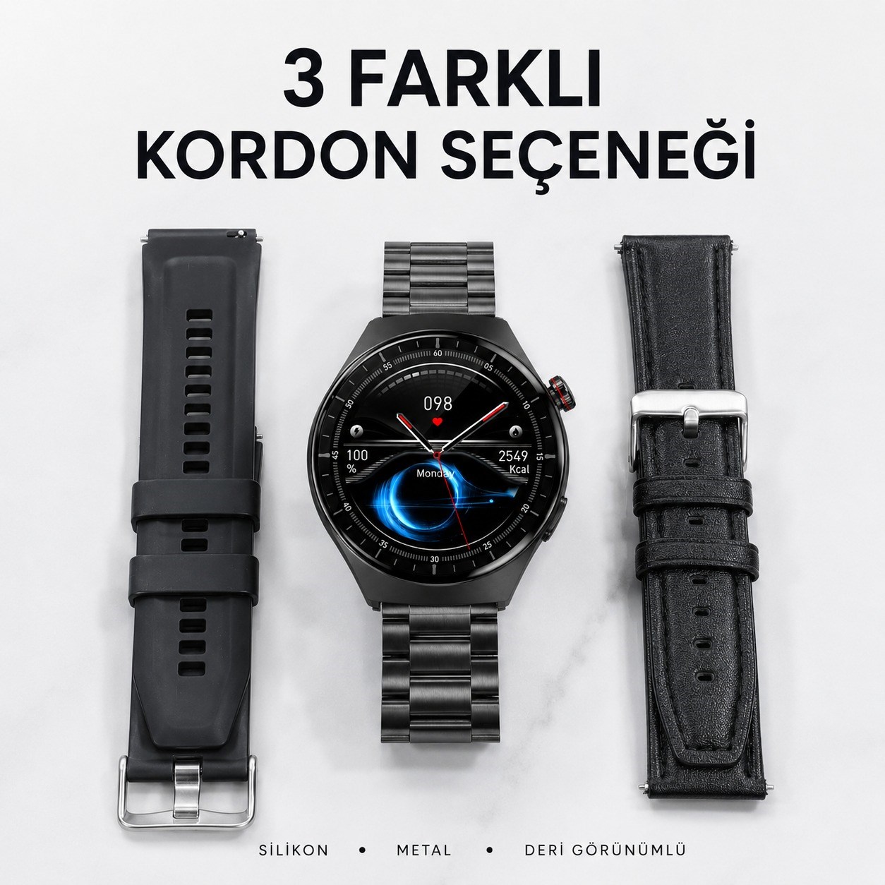 SW-32 Akıllı Saat Super AMOLED Ekran Bluetooth Arama Konuşma Nabız Adım Uyku Takibi Spor Modlu 3 Kordonlu Smart Watch