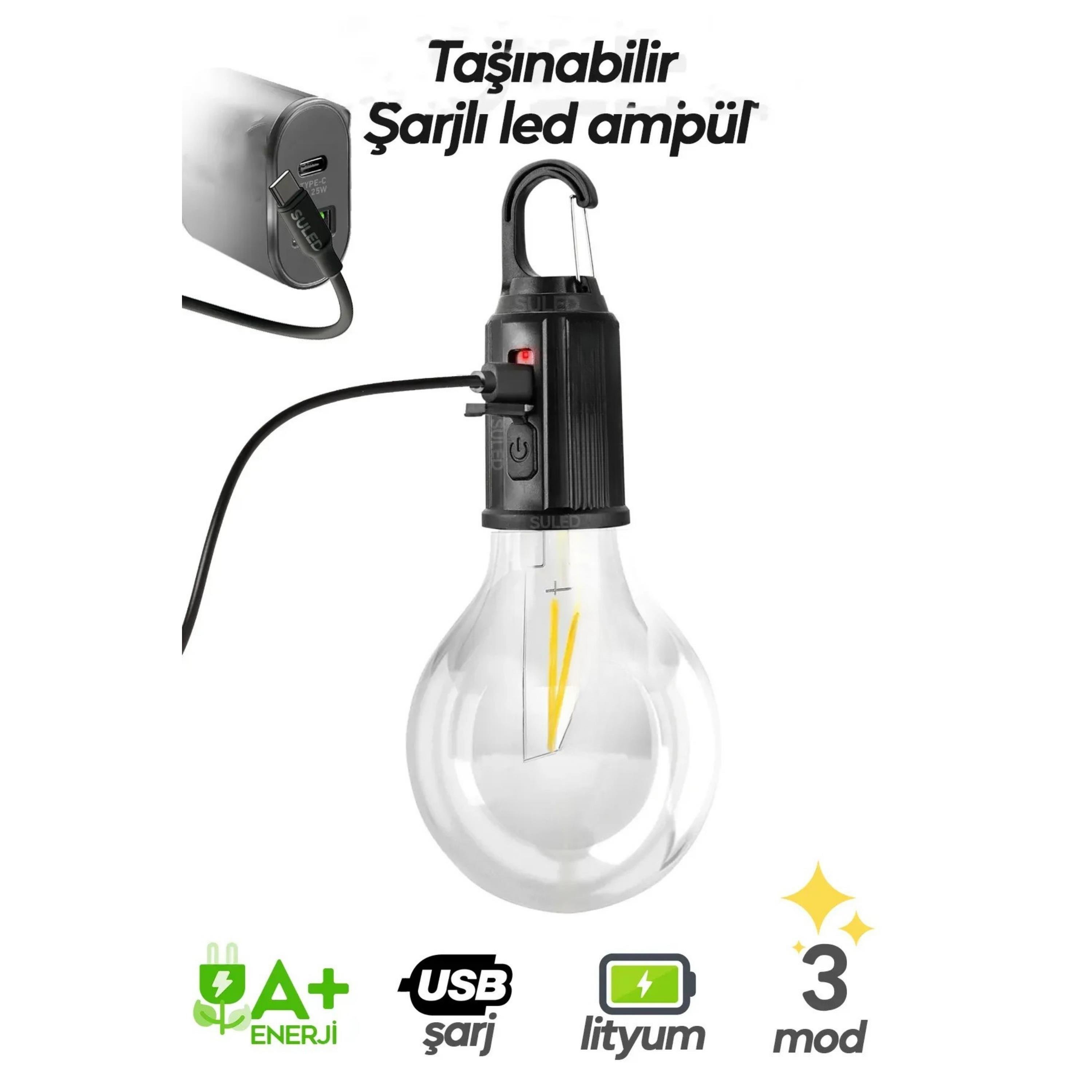 T01 Kamp Lambası 10W Askılı Kırılmaz Led Işık Usb Şarjlı Suya Dayanıklı Led Ampul