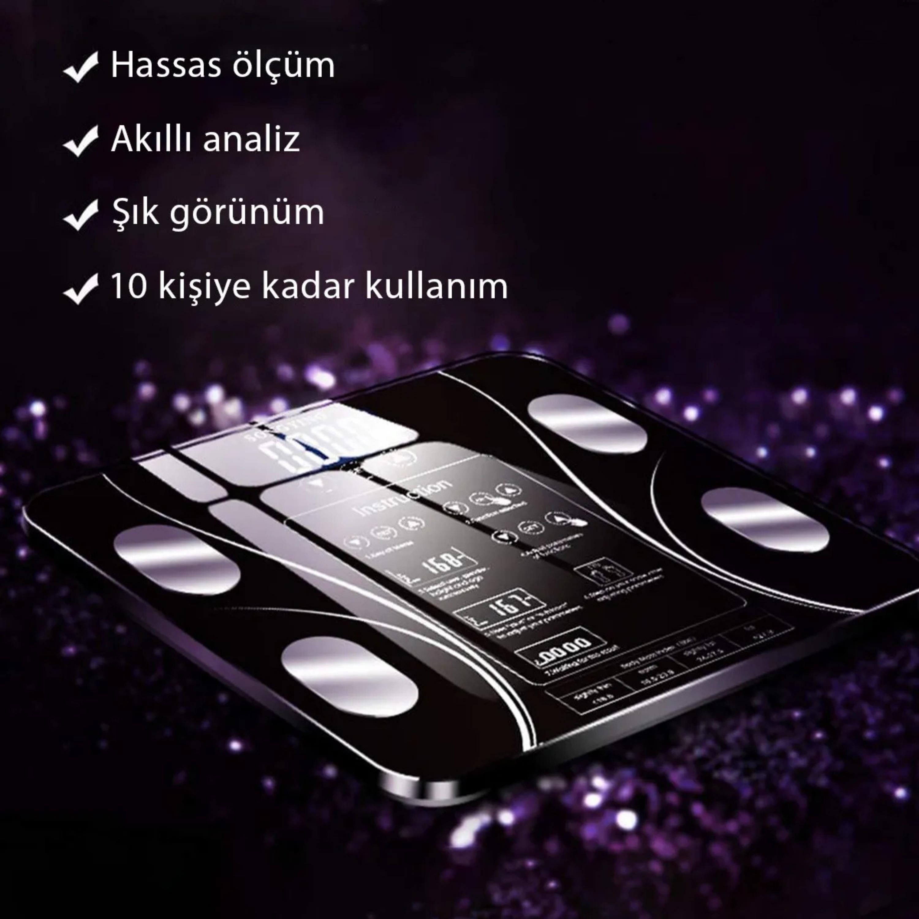 TF-1072 Siyah Dijital Baskül Tartı Bluetoothlu Kilo Yağ Su Ölçüm Cihazı Akıllı Terazi