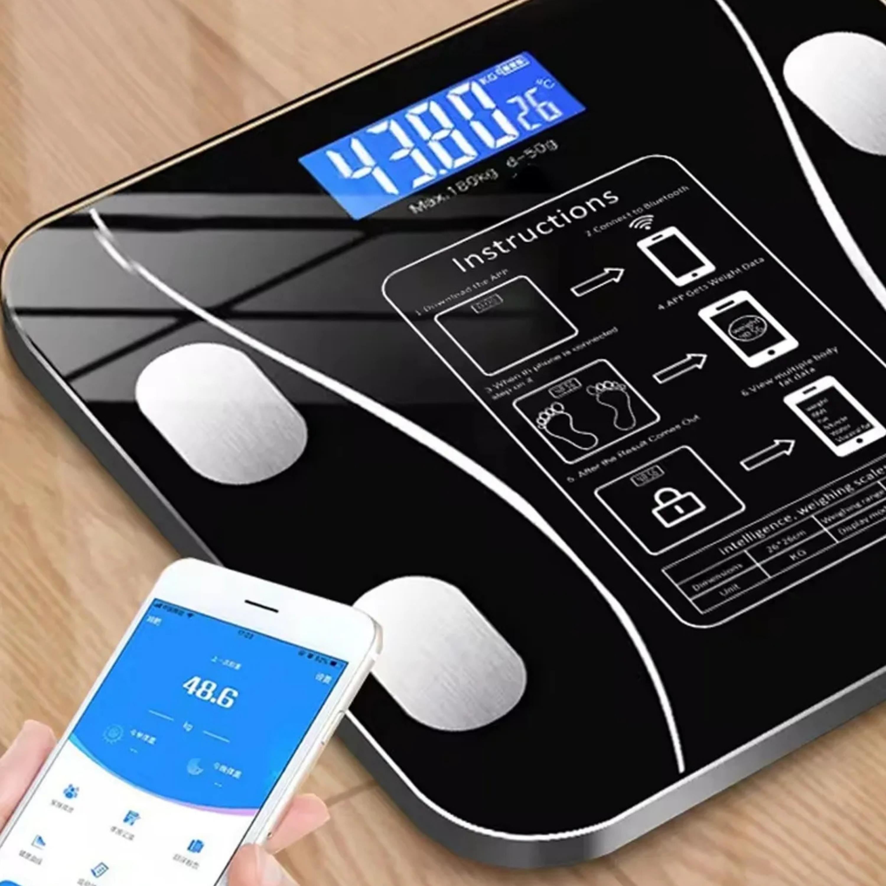 TF-1072 Siyah Dijital Baskül Tartı Bluetoothlu Kilo Yağ Su Ölçüm Cihazı Akıllı Terazi