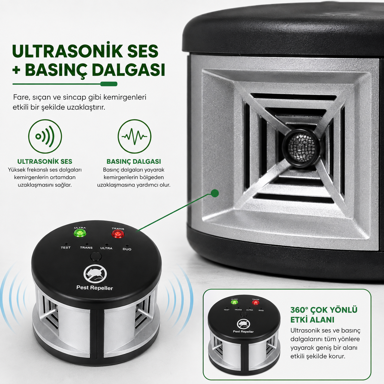 Ultrasonik Fare ve Kemirgen Uzaklaştırıcı 360 Derece Çok Yönlü Ses ve Basınç Dalgalı Elektrikli Haşere Kovucu
