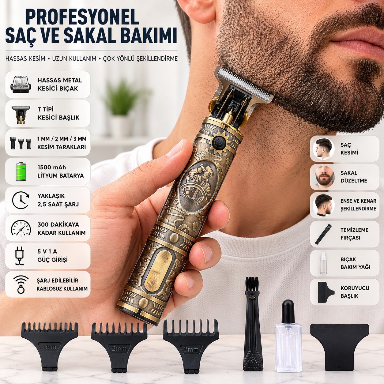 V085 Çizik Tıraş Şarj Edilebilir Profesyonel Tıraş Makinesi T Tipi Metal Bıçaklı Ense Favori ve Detay Saç Sakal Kesme Makinesi