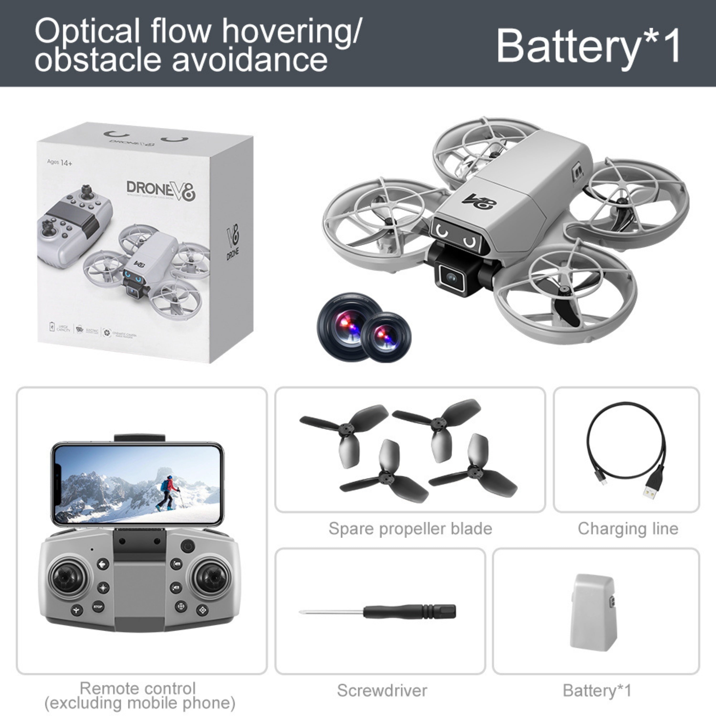 V8 Mini Drone Kameralı Uzaktan Kumandalı Drone Fotoğraf ve Video Çekimi Headless Mod El Hareketi Kontrolü Mobil Uygulama Destekli LED Işıklı Drone