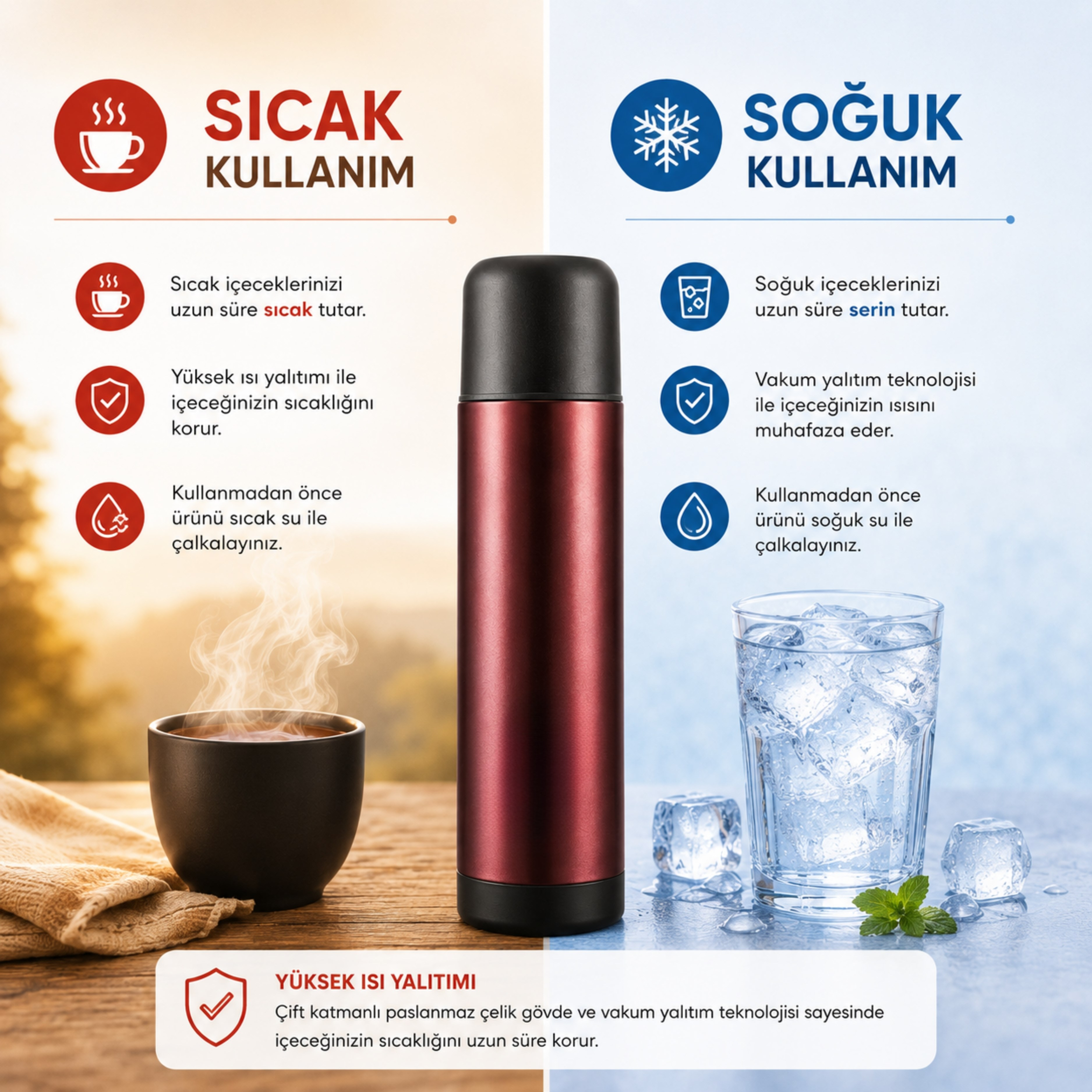 Vakumlu Termos Sıcak ve Soğuk İçecek Termosu Isı Korumalı Bardak Kapaklı Basmalı İç Kapaklı Taşınabilir Termos