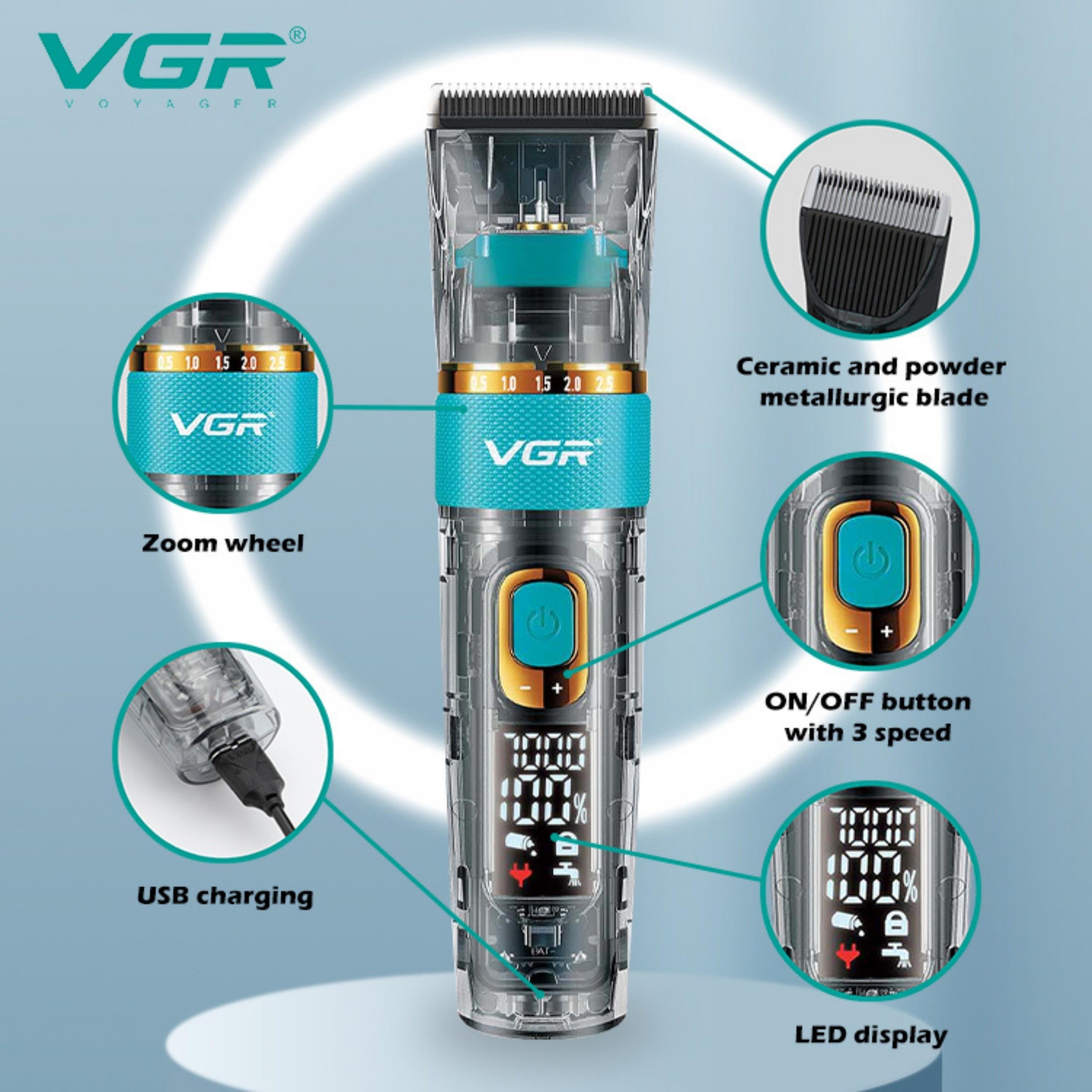 VGR V 695 Profesyonel Saç Sakal Tıraş Makinesi Şeffaf Gövdeli Seramik Bıçaklı Dijital Göstergeli 2600 mAh  Ayarlanabilir Kademeli Erkek Traş Makinesi