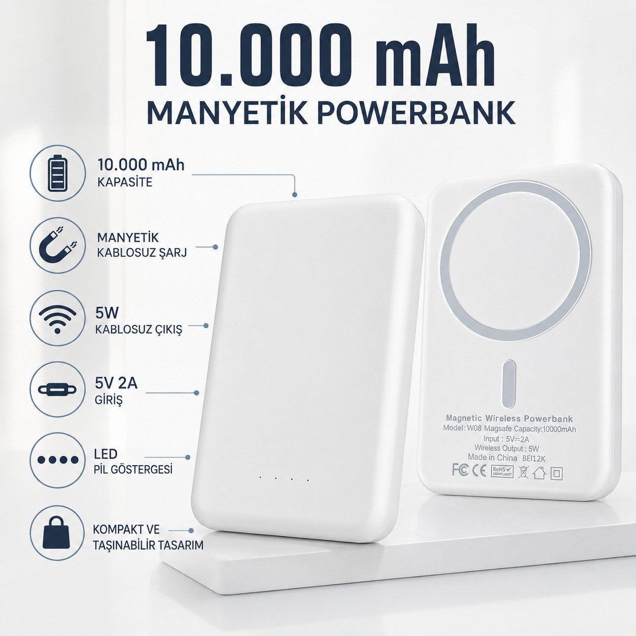W08 10.000 mAh Manyetik Kablosuz Powerbank 5W Kablosuz Şarj Destekli Akıllı Pil Korumalı Taşınabilir Telefon Şarj Cihazı Magsafe Powerbank
