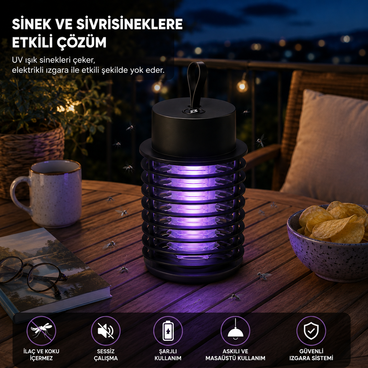 W6 Şarjlı Elektrikli Sinek Ve Sivrisinek Öldürücü UV Işıklı Lamba Askılı Masaüstü Kullanım Gece Lambalı Sarı Işıklı 2 Farklı Işık Modu