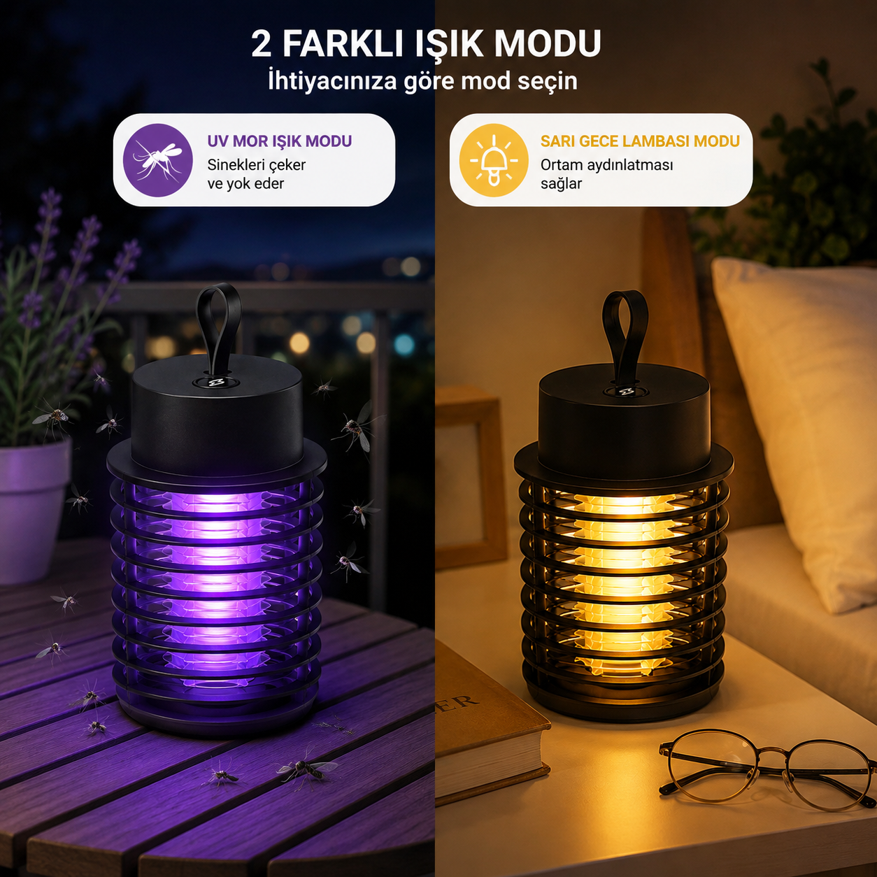 W6 Şarjlı Elektrikli Sinek Ve Sivrisinek Öldürücü UV Işıklı Lamba Askılı Masaüstü Kullanım Gece Lambalı Sarı Işıklı 2 Farklı Işık Modu