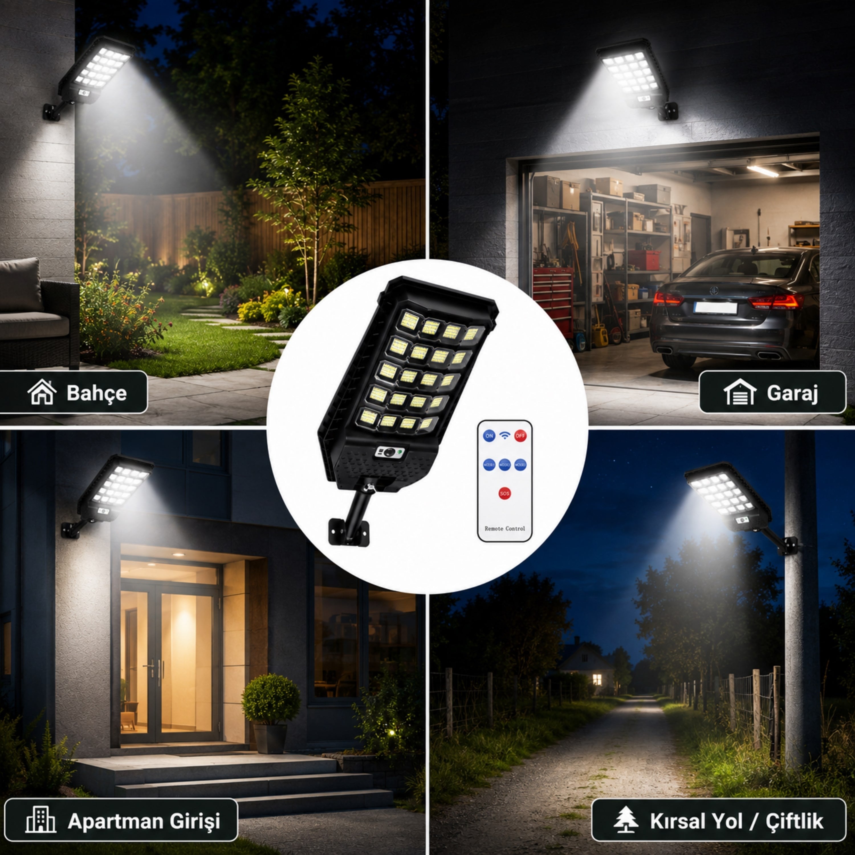 W7207 Solar Sokak Lambası Güneş Enerjili Hareket Sensörlü Uzaktan Kumandalı LED Dış Mekan Bahçe Aydınlatma Suya Dayanıklı