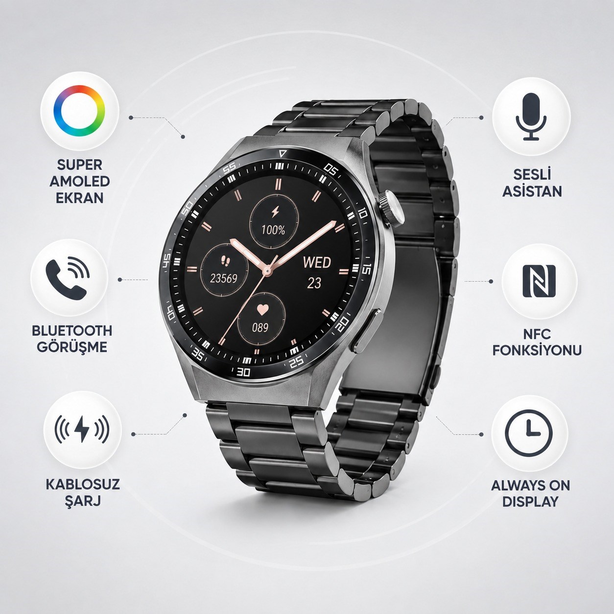 Watch 11 Pro Akıllı Saat Bluetooth Arama Konuşma Özellikli Super AMOLED Ekran NFC Nabız Adım Takibi Spor Modlu 3 Kordonlu Smart Watch