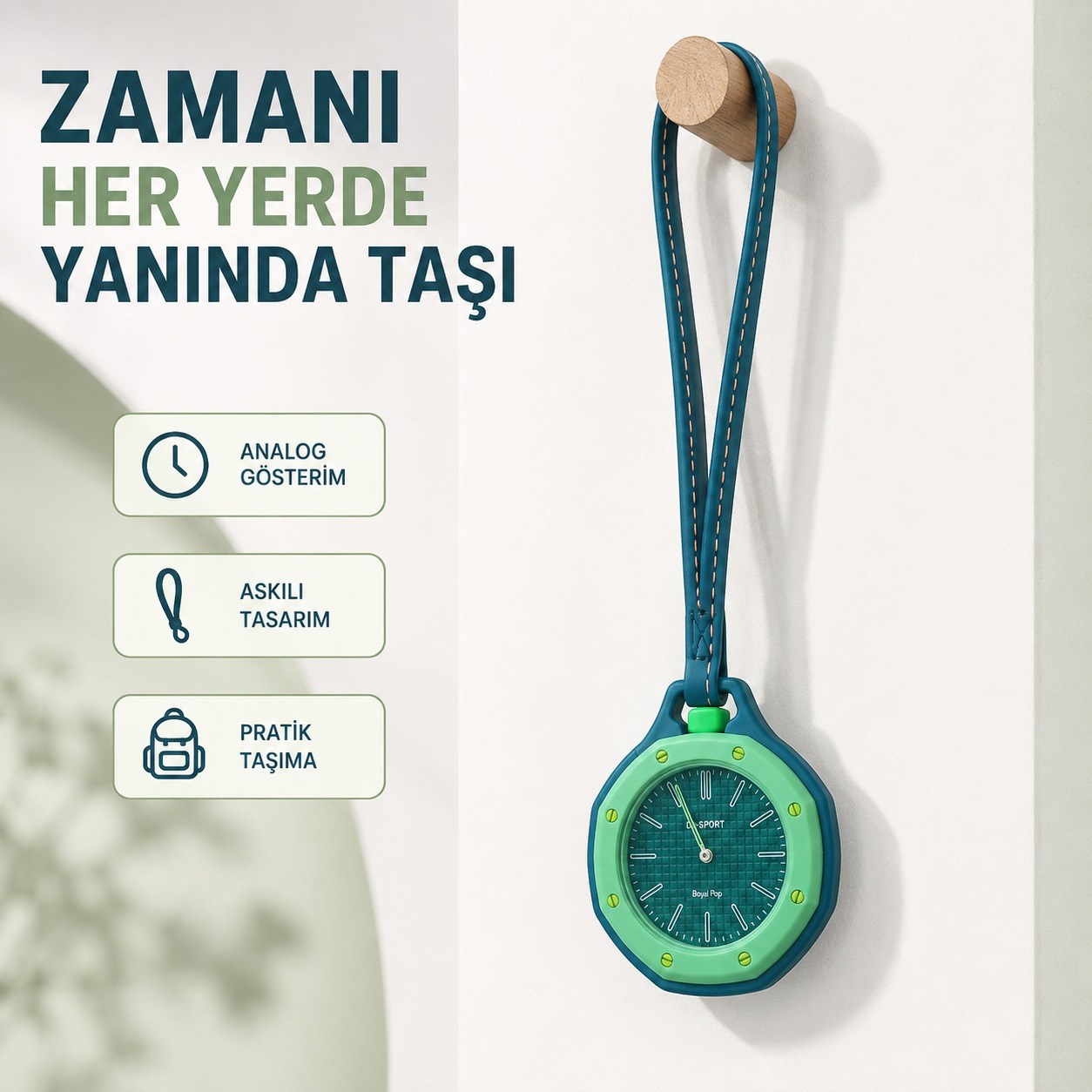 Yeşil D-SPORT Askılı Analog Cep Saati Renkli Tasarım Uzun Kayışlı Taşınabilir Çanta Charm Askılı Kemer Anahtarlık Aksesuar Saati