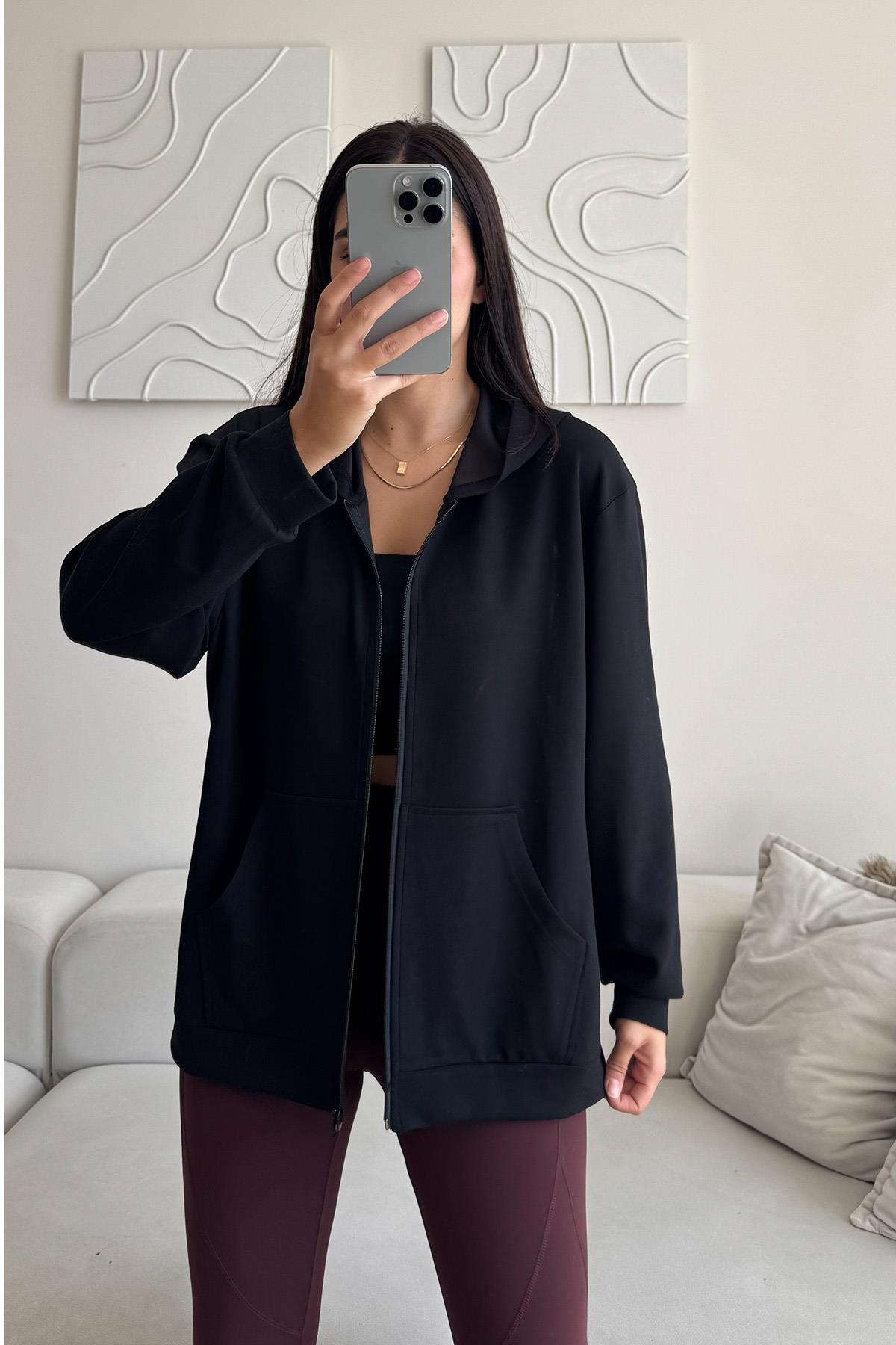 Modal Kumaş Relax Fit Uzun Kollu Cepli Kapşonlu Fermuarlı Siyah Kadın Sweatshirt