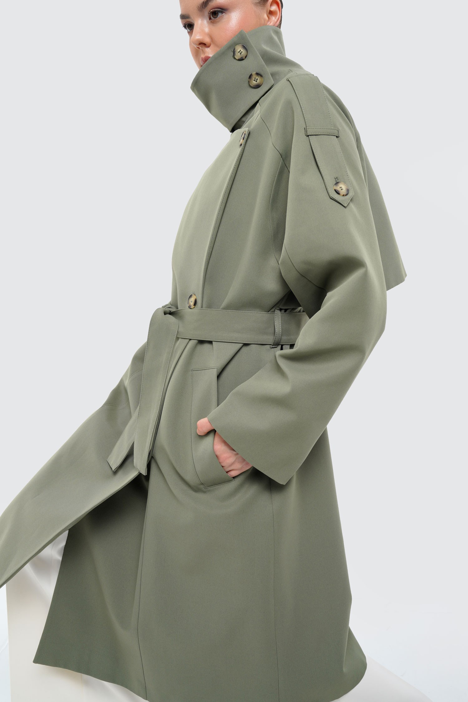 Kadın Açık Haki Dik Yaka Oversize Trençkot-Thalure