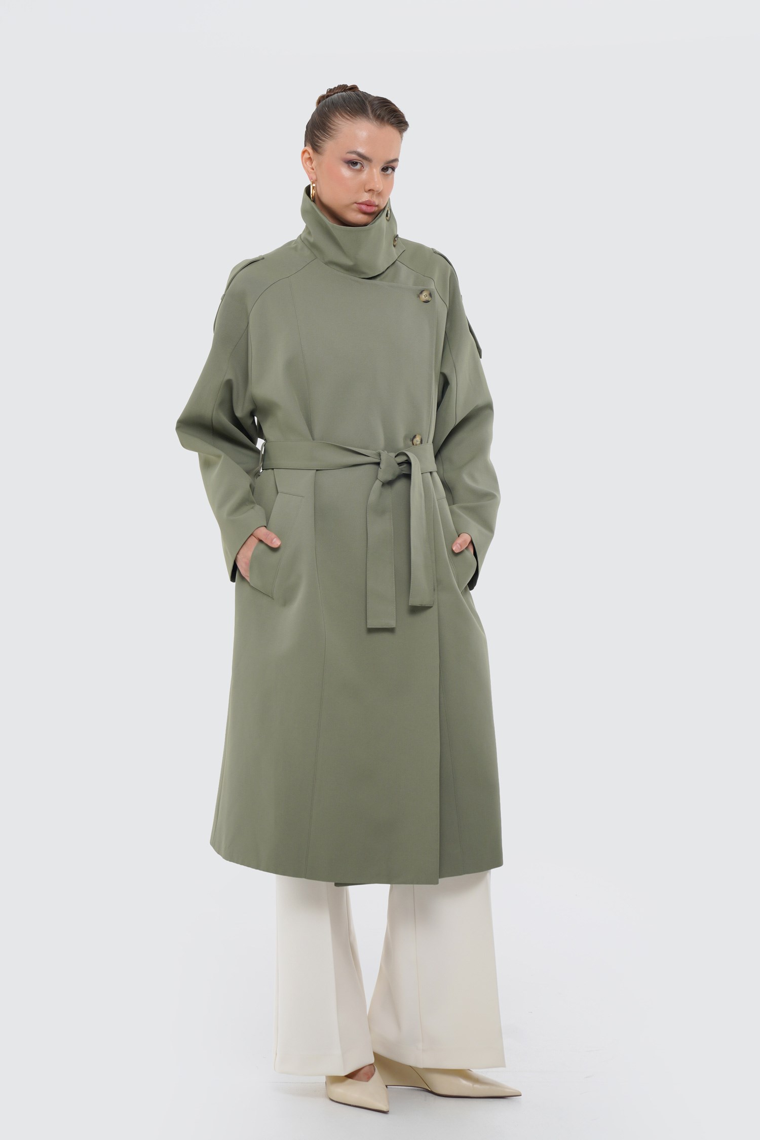 Kadın Açık Haki Dik Yaka Oversize Trençkot-Thalure