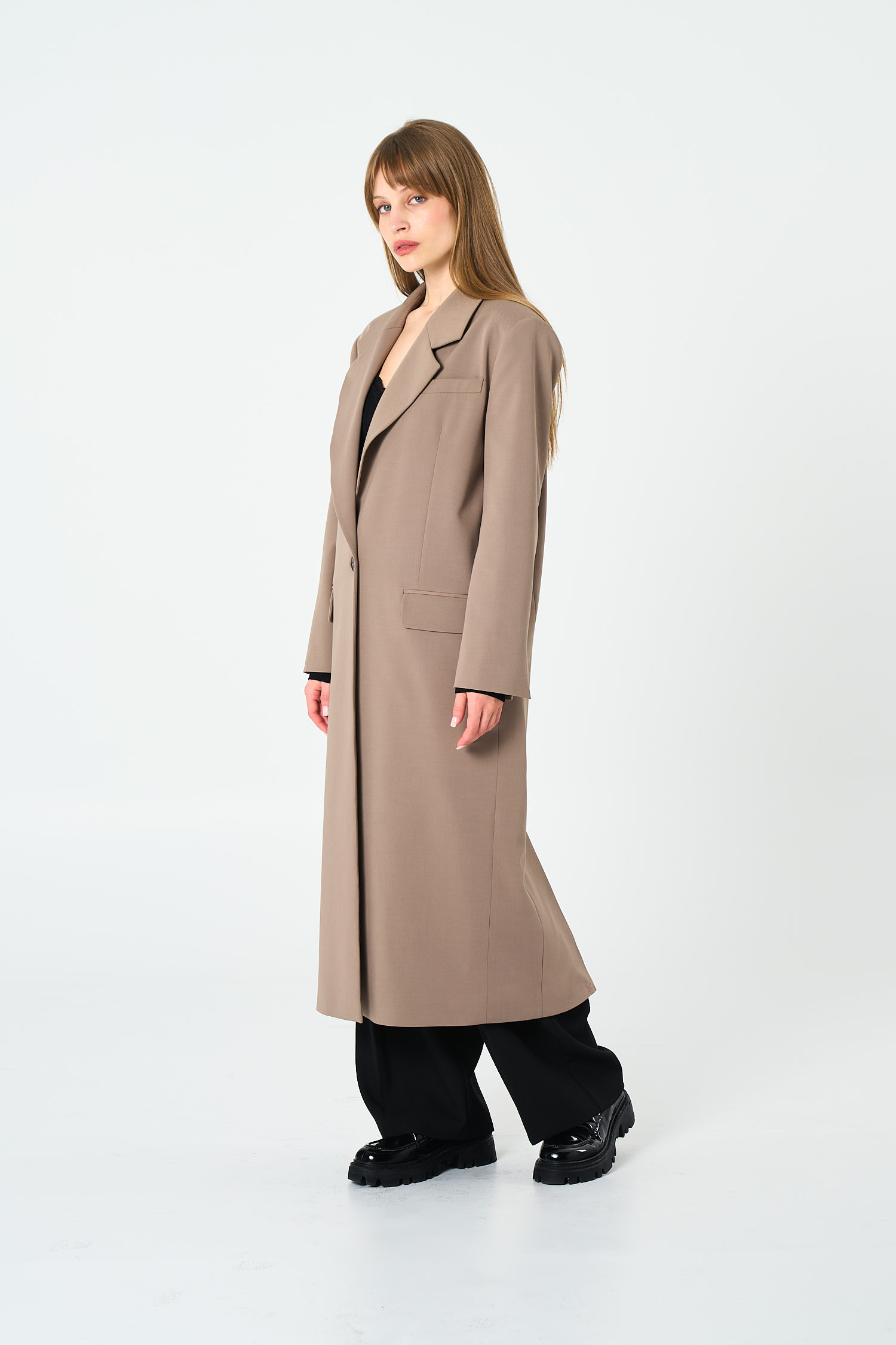 Kadın Bej Oversize Uzun Ceket-Thalure