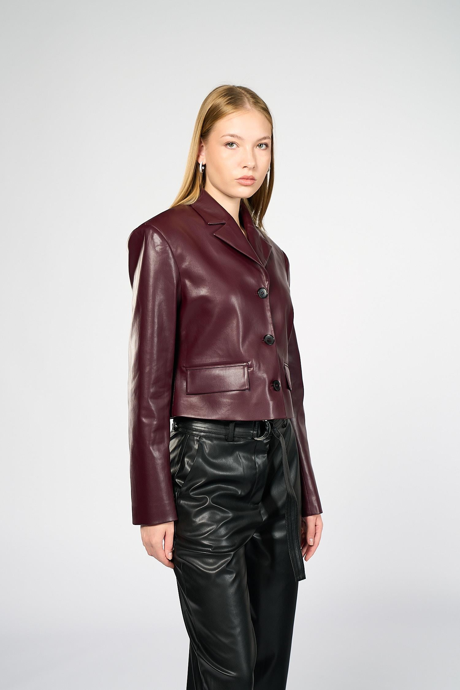 Kadın Bordo Crop Deri Blazer Ceket-Thalure