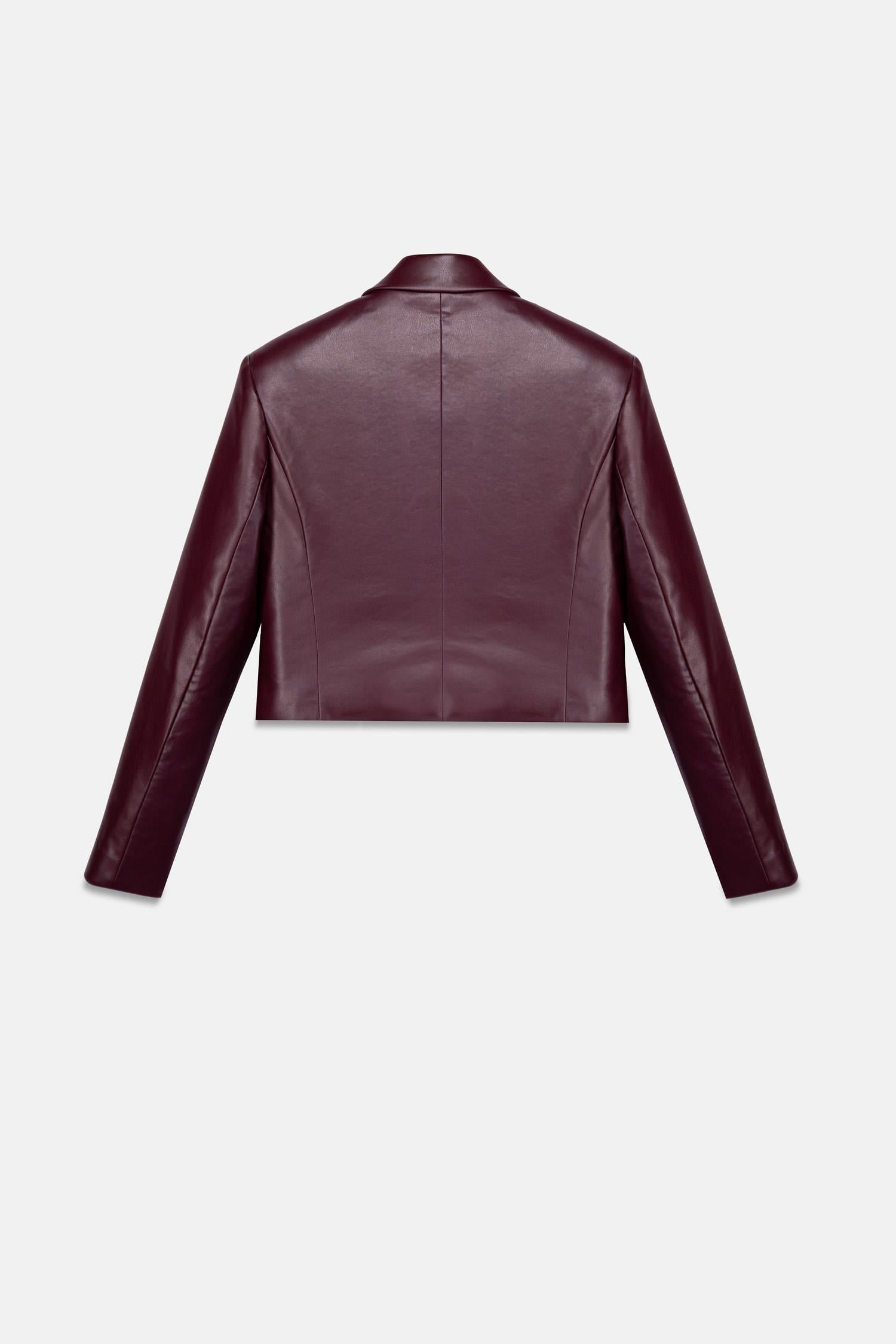 Kadın Bordo Crop Deri Blazer Ceket-Thalure