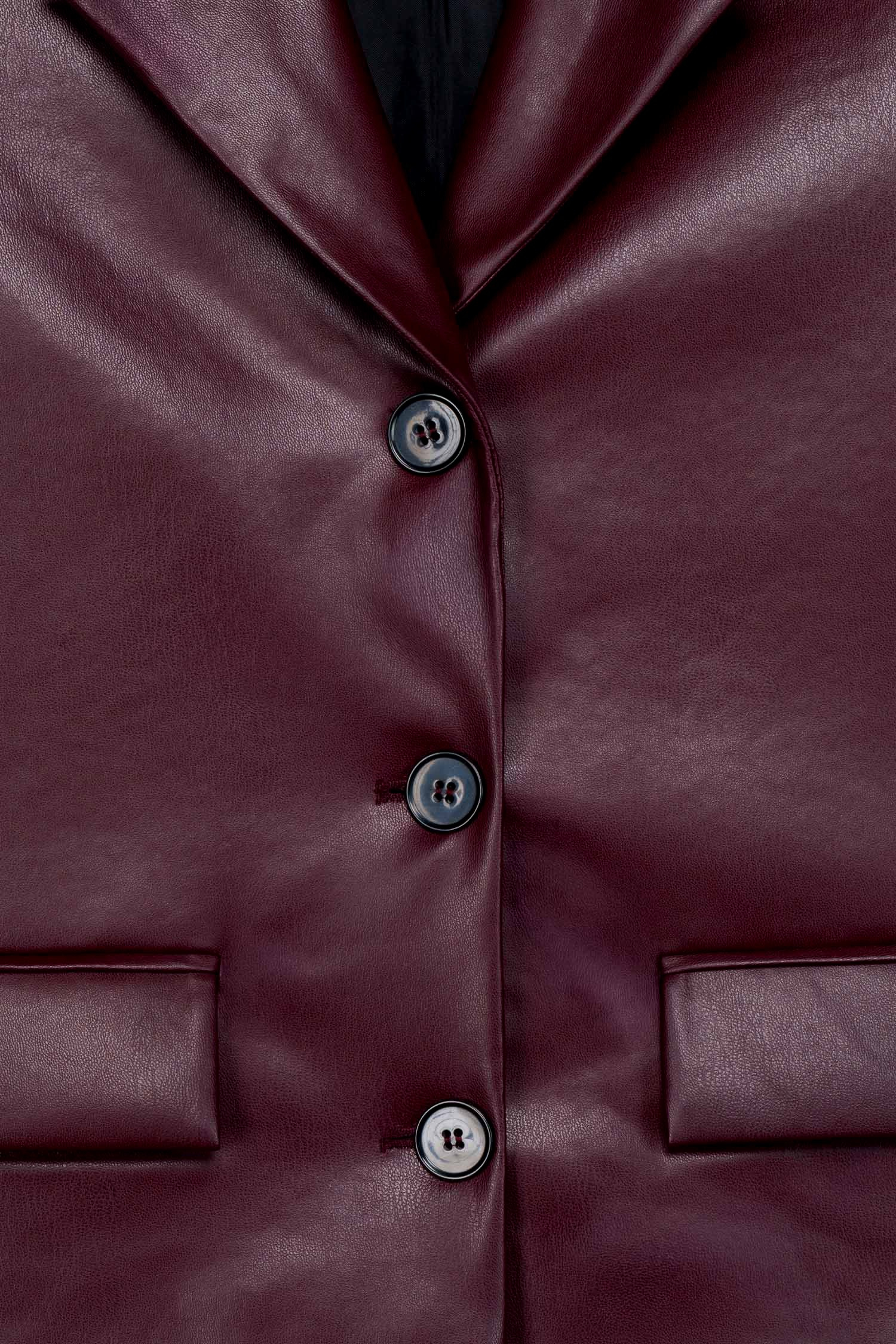 Kadın Bordo Crop Deri Blazer Ceket-Thalure