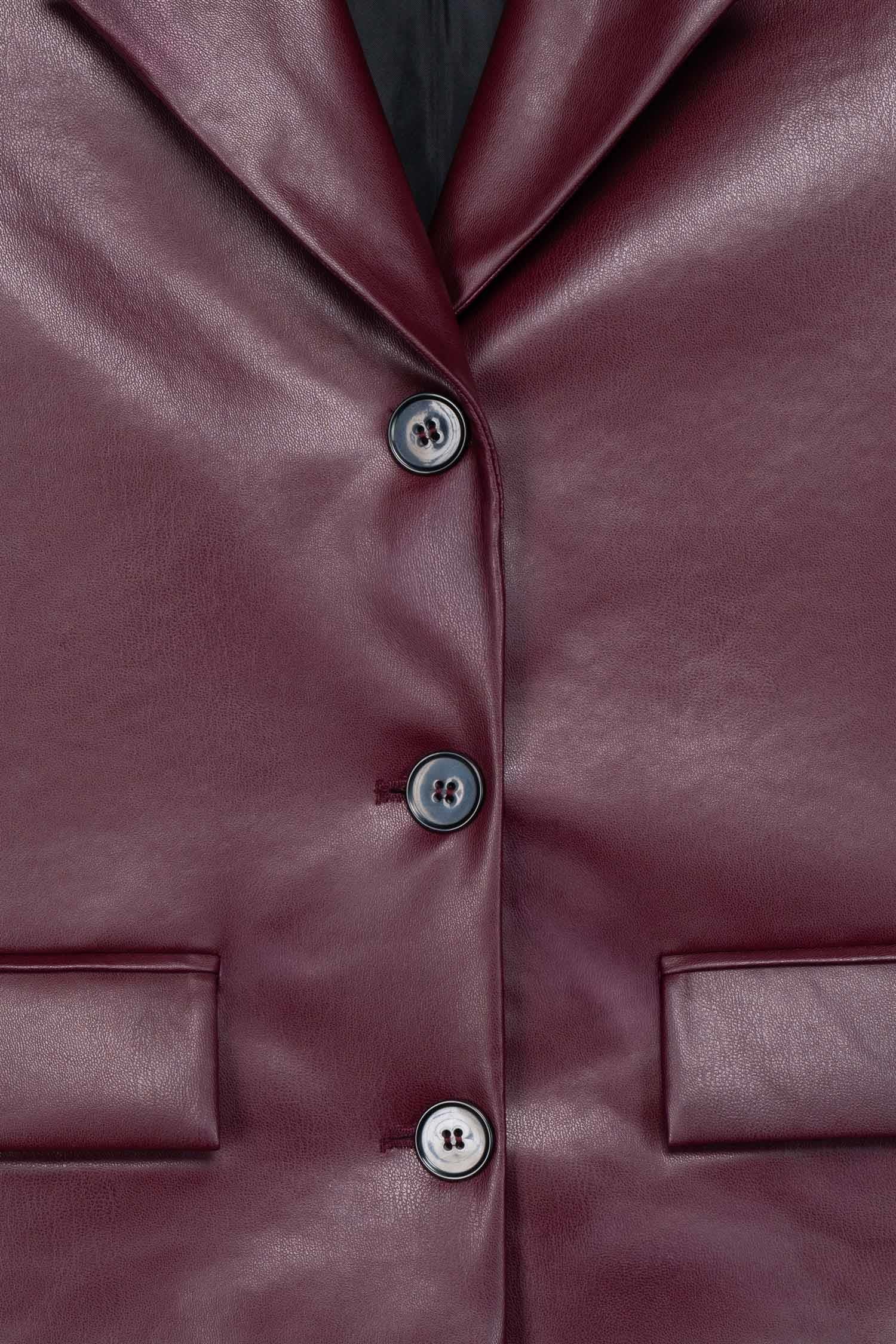 Kadın Bordo Crop Deri Blazer Ceket-Thalure