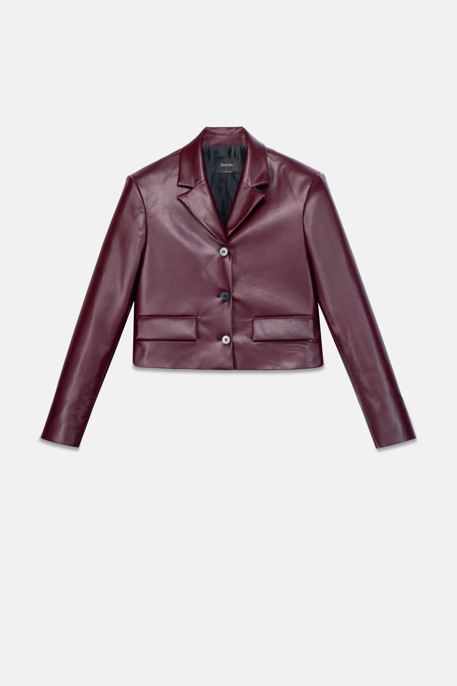 Kadın Bordo Crop Deri Blazer Ceket-Thalure
