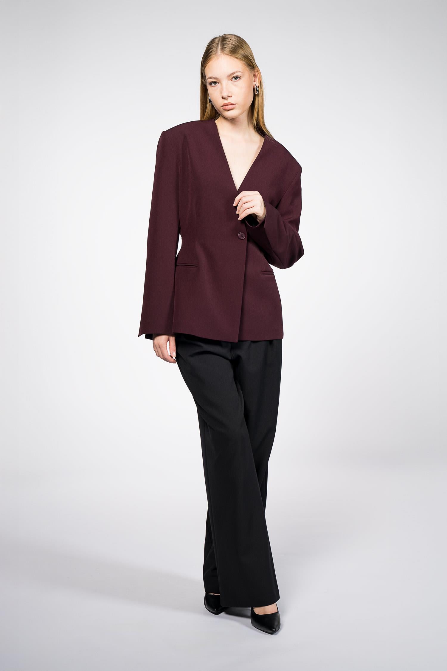 Kadın Bordo Yakasız Blazer-Thalure
