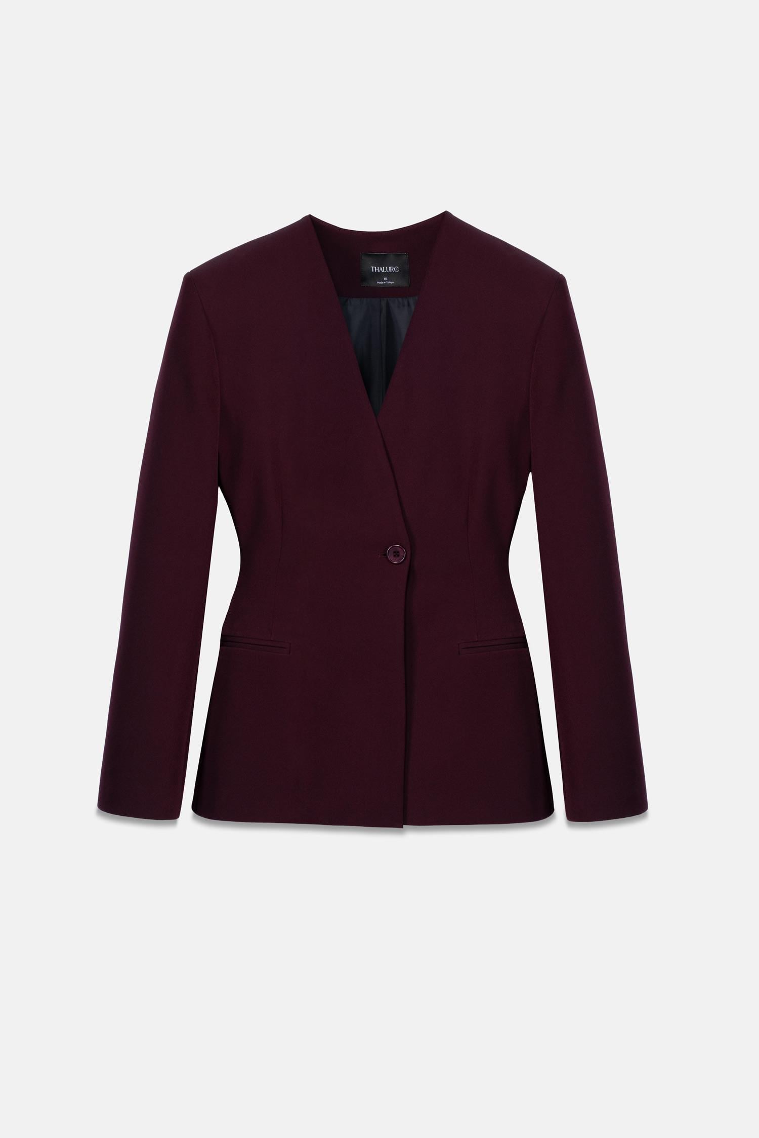 Kadın Bordo Yakasız Blazer-Thalure