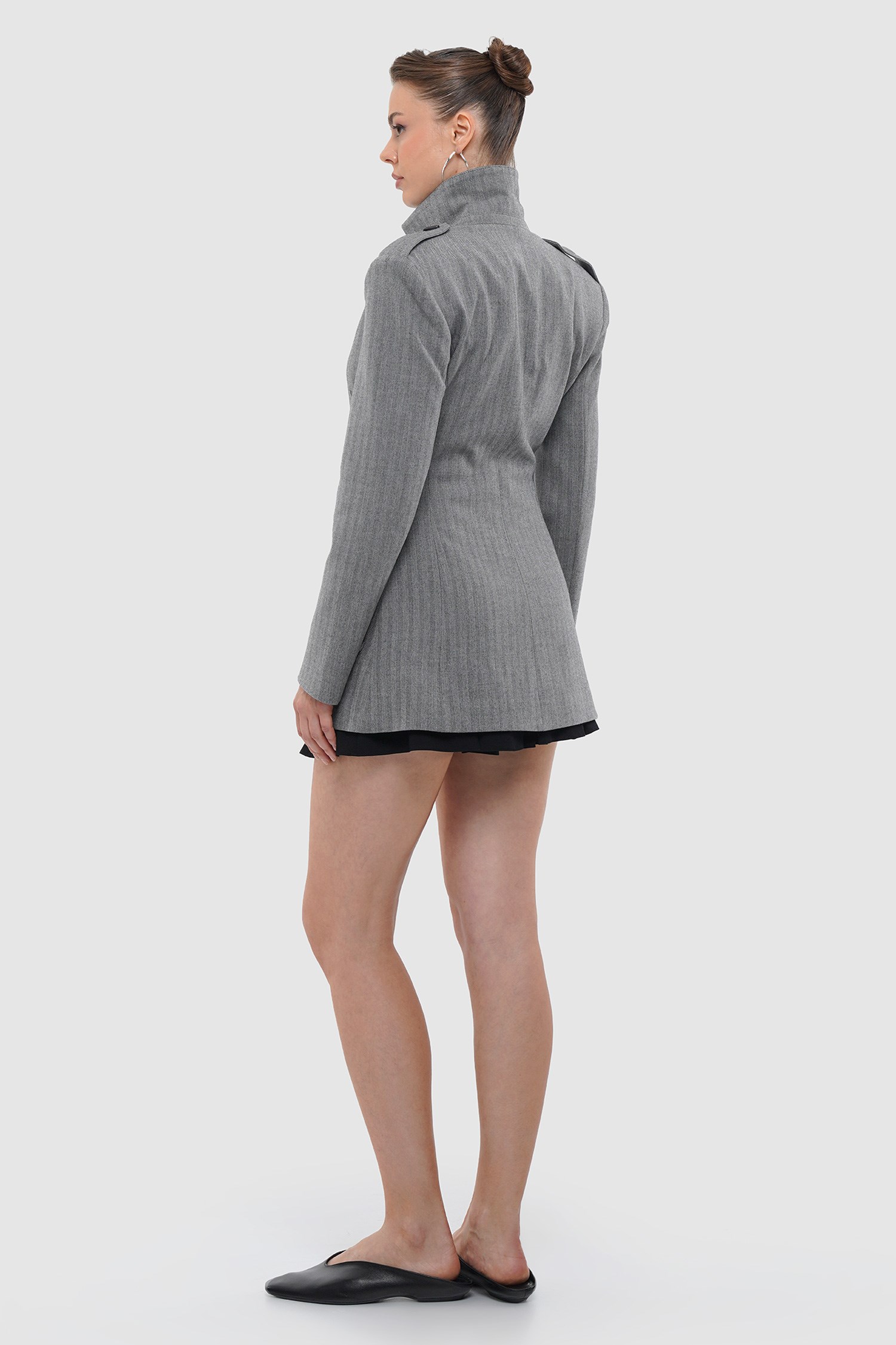 Kadın Gri Körüklü Cepli Apoletli Blazer-Thalure