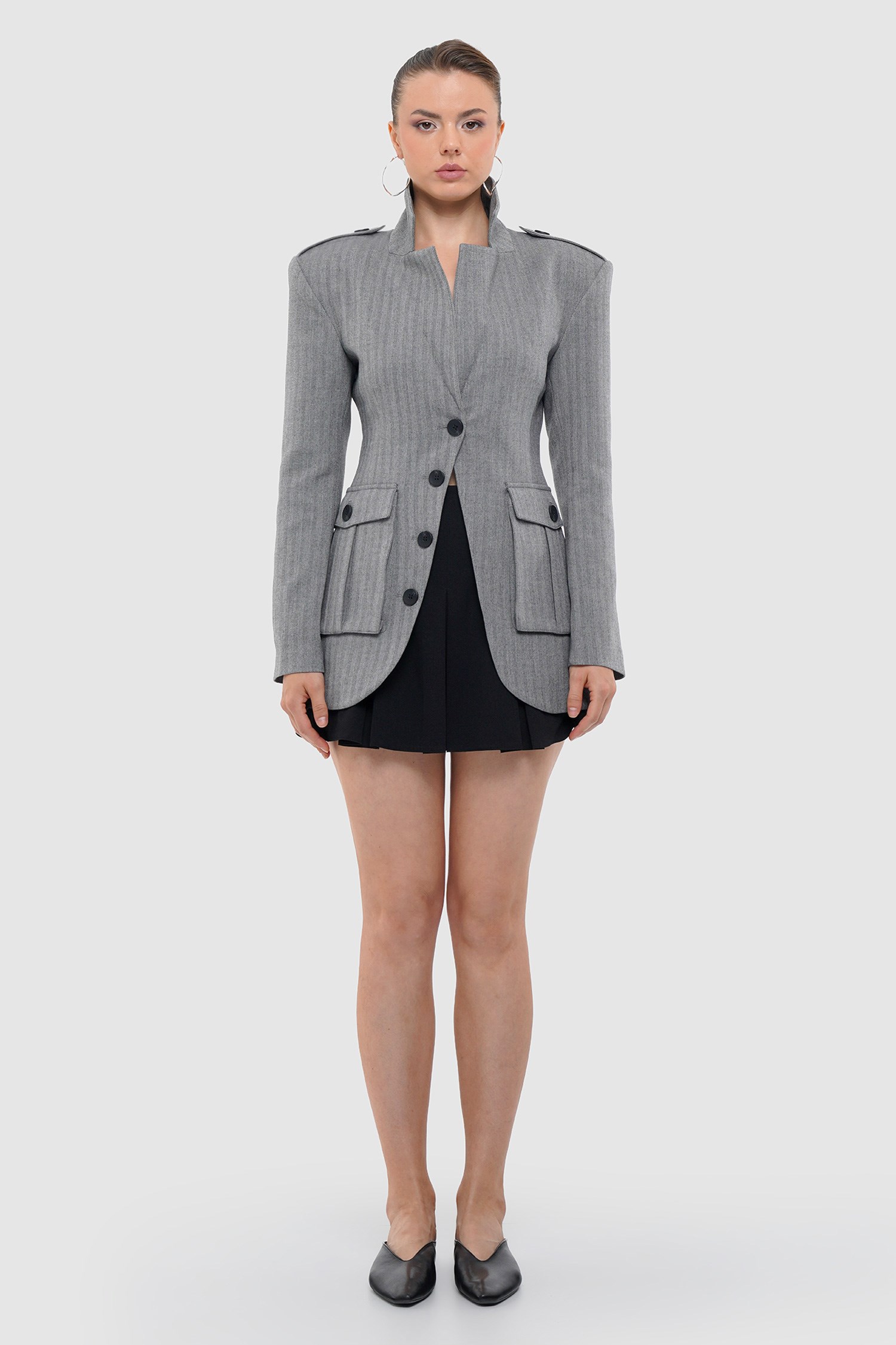 Kadın Gri Körüklü Cepli Apoletli Blazer-Thalure