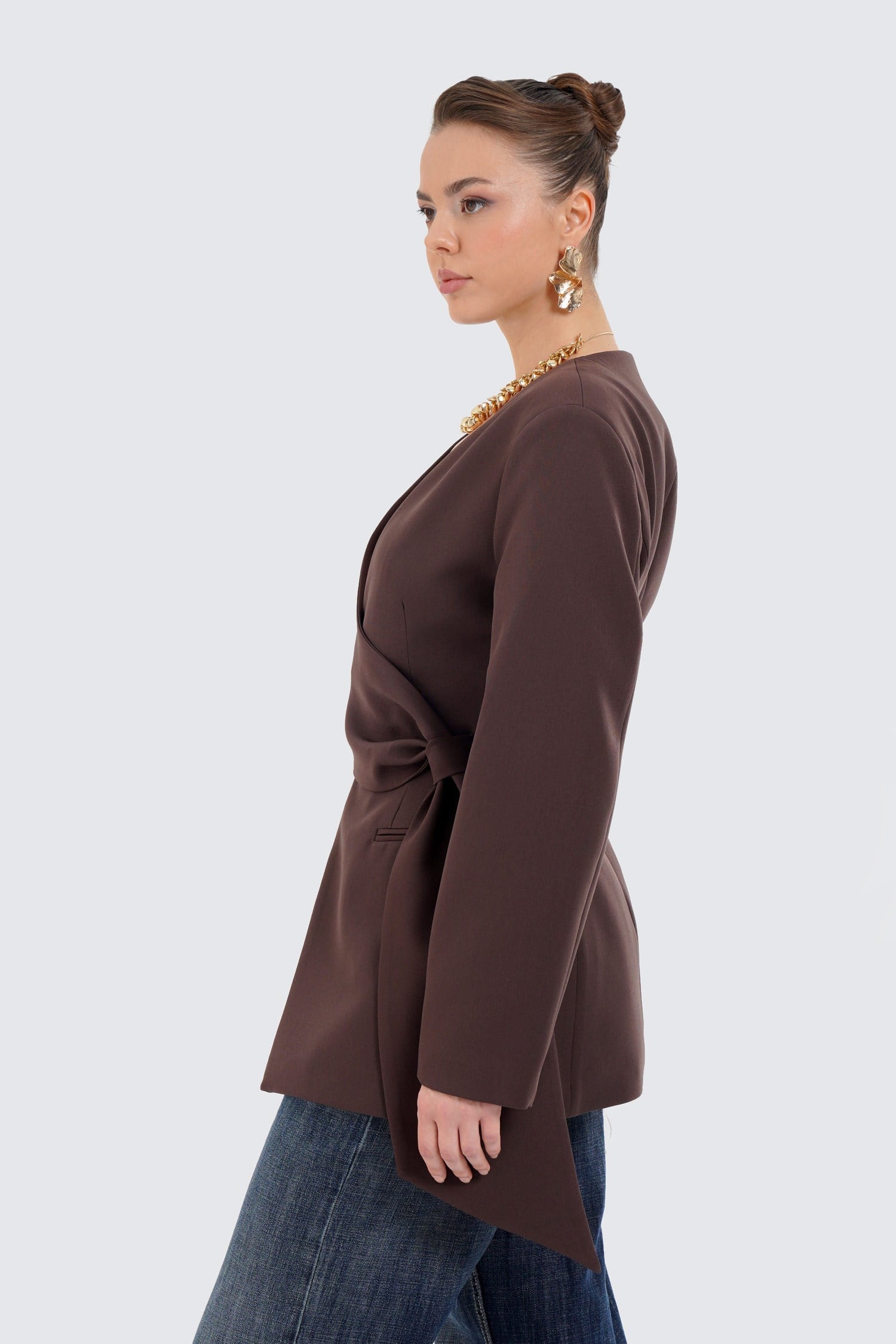 Kadın Kahverengi Beli Büzgülü Blazer-Thalure