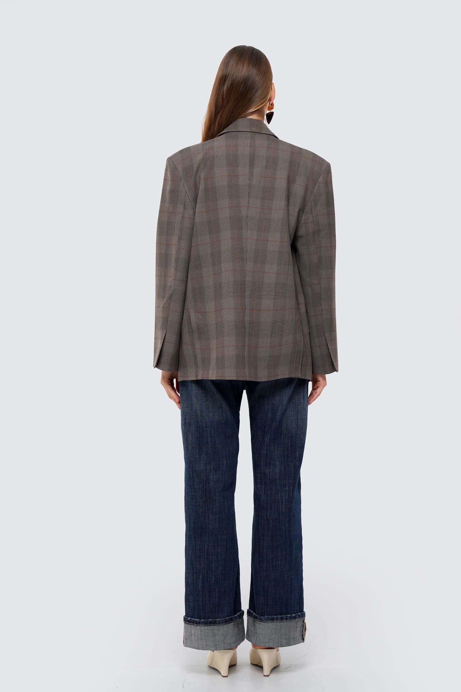 Kadın Kahverengi Ekoseli Oversize Blazer-Thalure