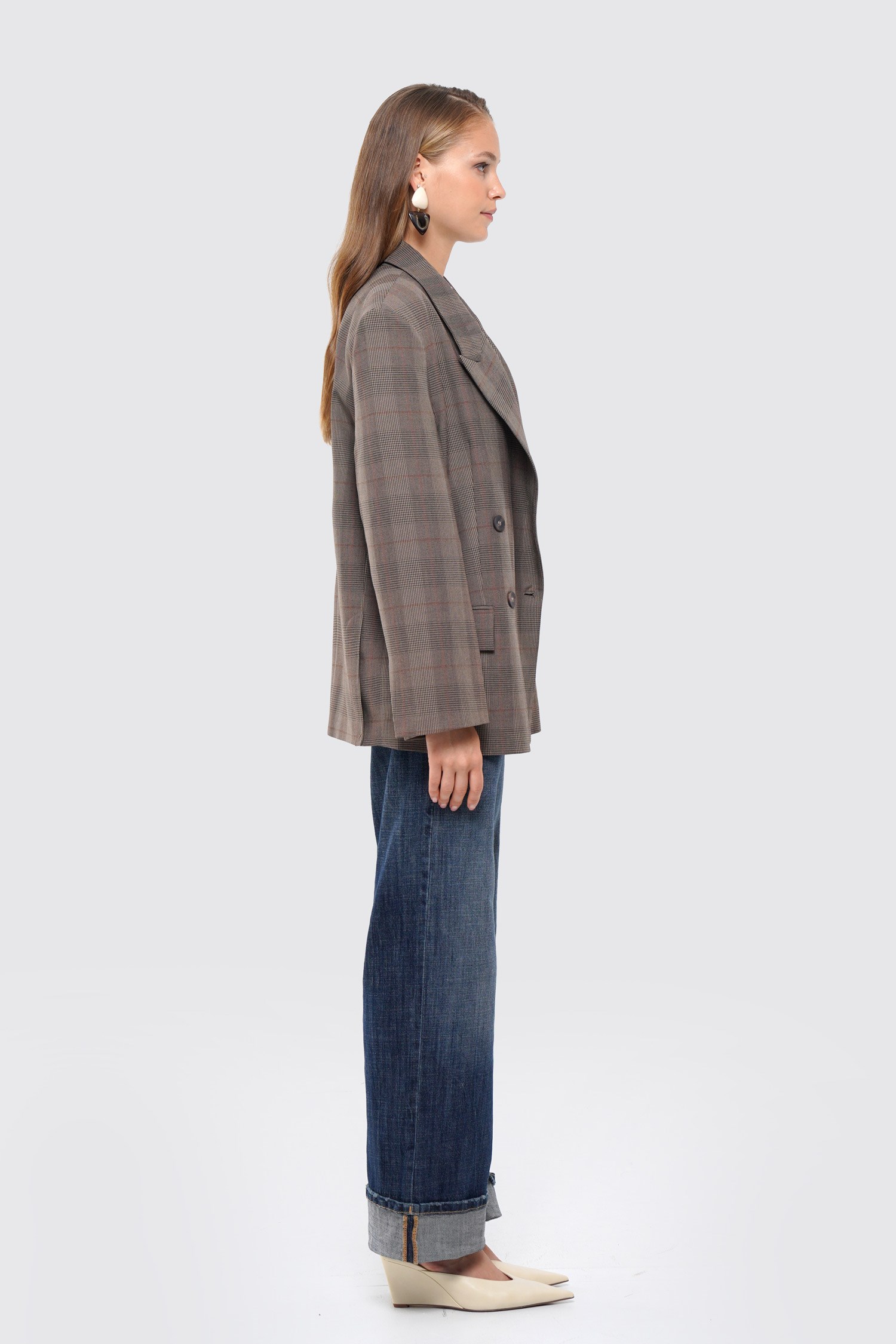 Kadın Kahverengi Ekoseli Oversize Blazer-Thalure