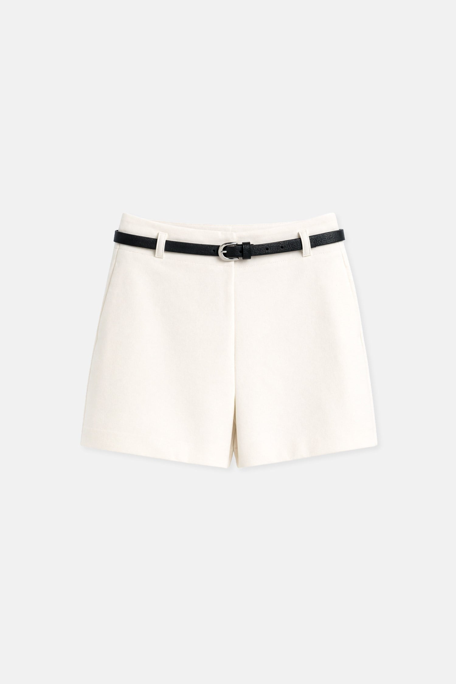 Kadın Krem Yüksek Bel Hazır Kemerli Slim Fit Şort-Thalure