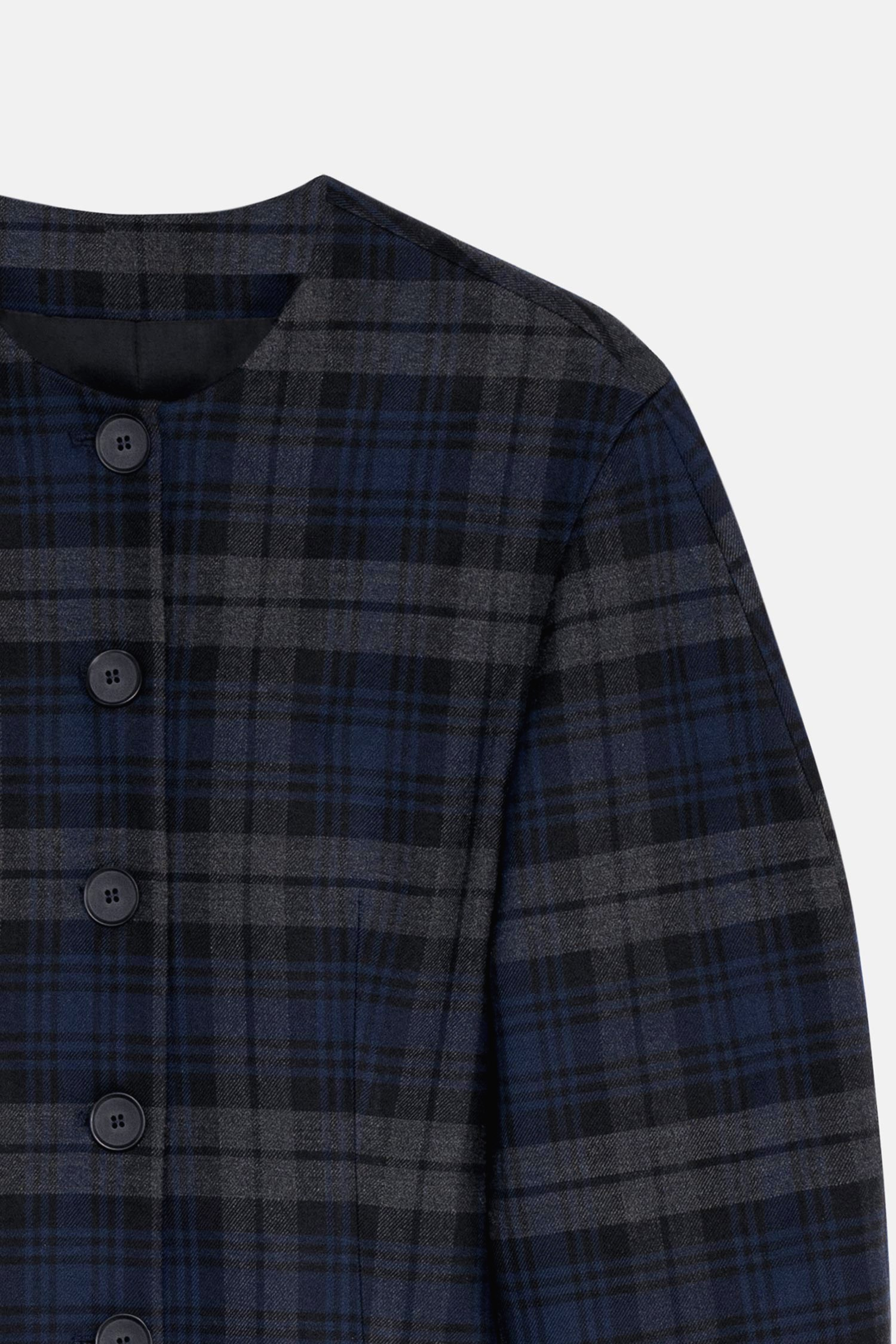 Kadın Lacivert Ekoseli Bisiklet Yaka Crop Blazer-Thalure