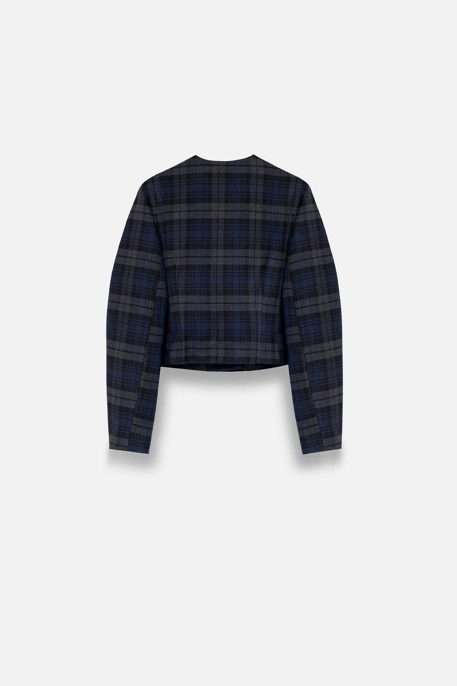 Kadın Lacivert Ekoseli Bisiklet Yaka Crop Blazer-Thalure
