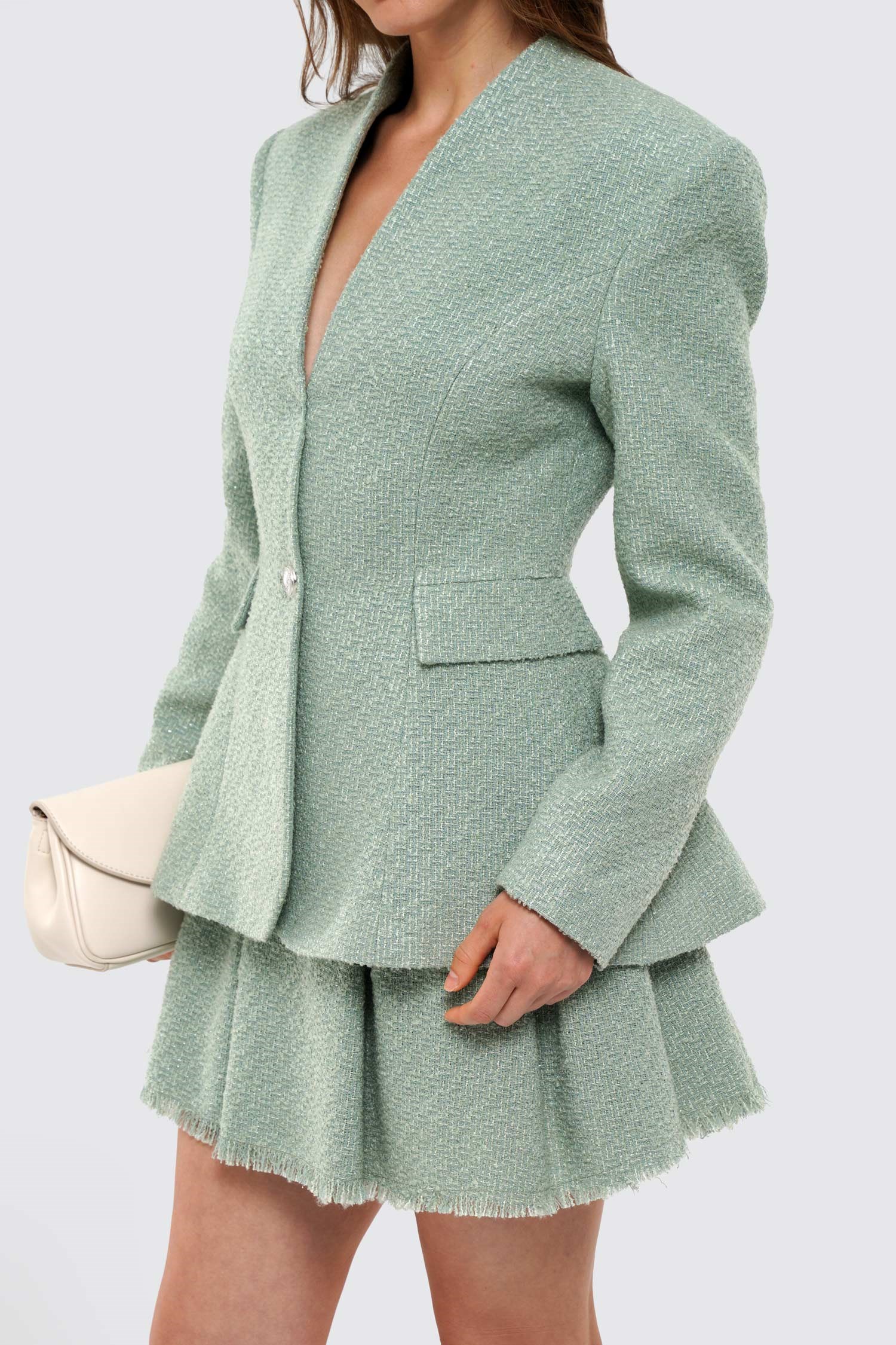 Kadın Mint Yeşili Yakasız Tüvit Blazer-Thalure