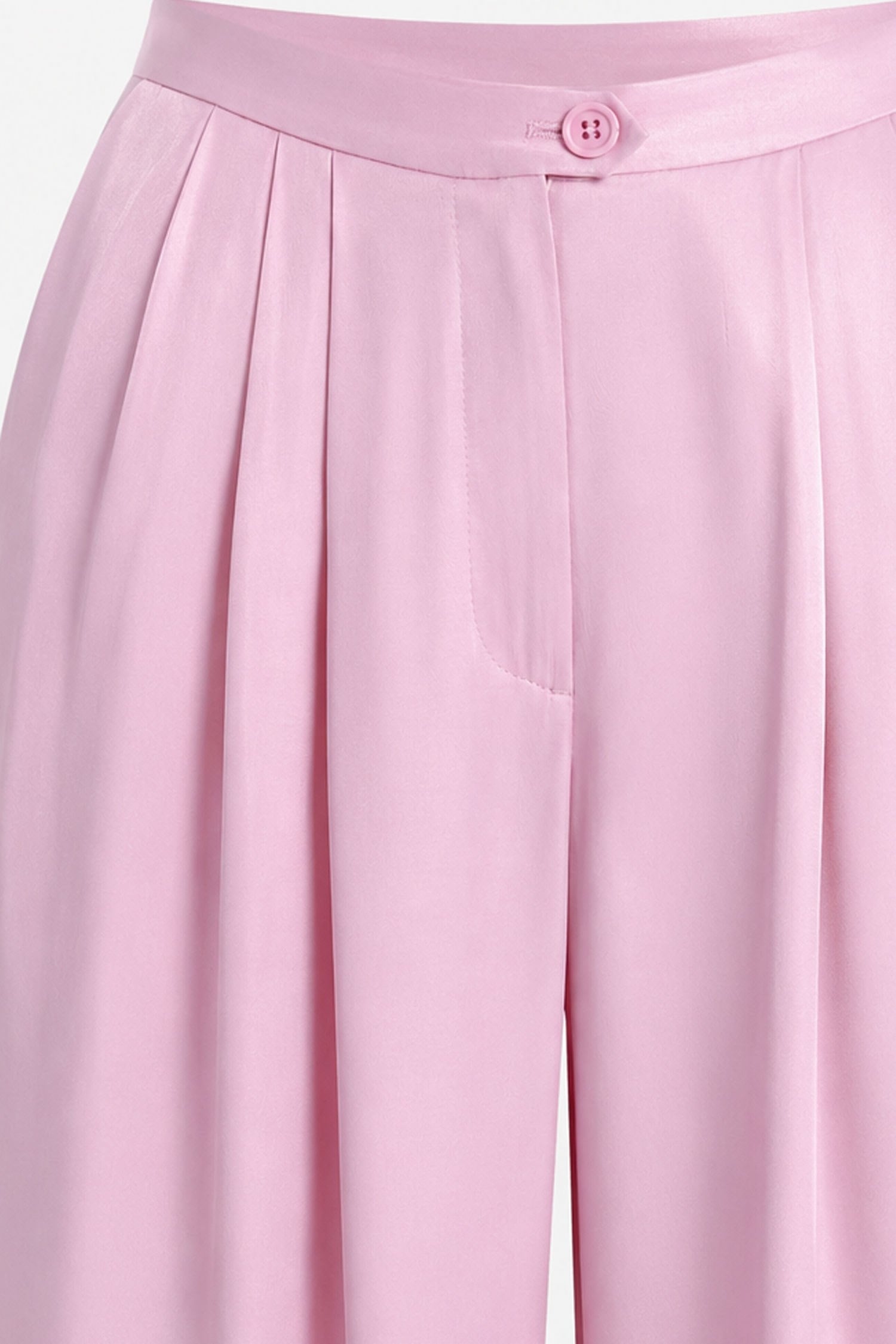 Kadın Pembe Pileli Saten Bol Paça pantolon-Thalure