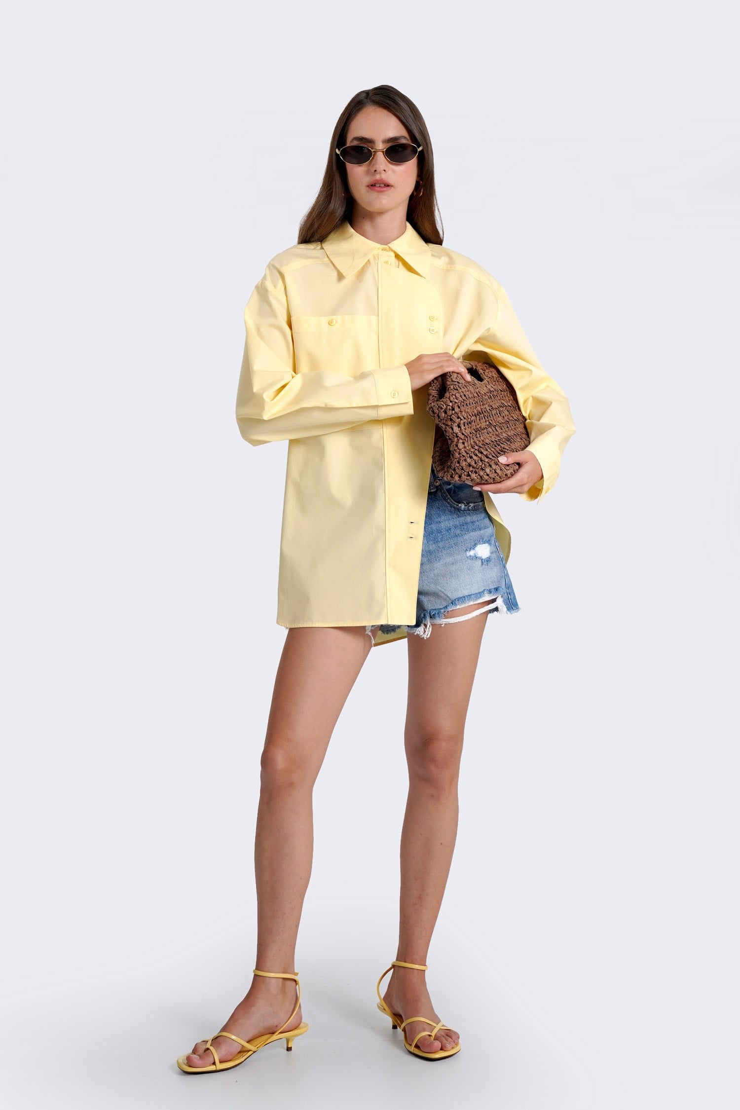 Kadın Sarı Pat Detaylı Oversize Gömlek-Thalure