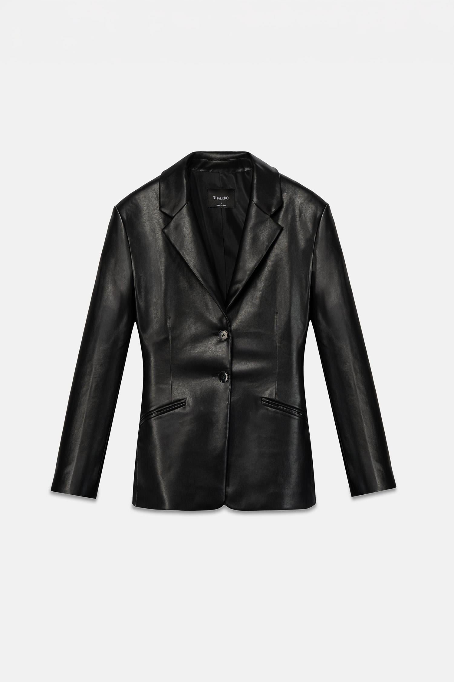 Kadın Siyah Bele Oturan Deri Blazer Ceket-Thalure