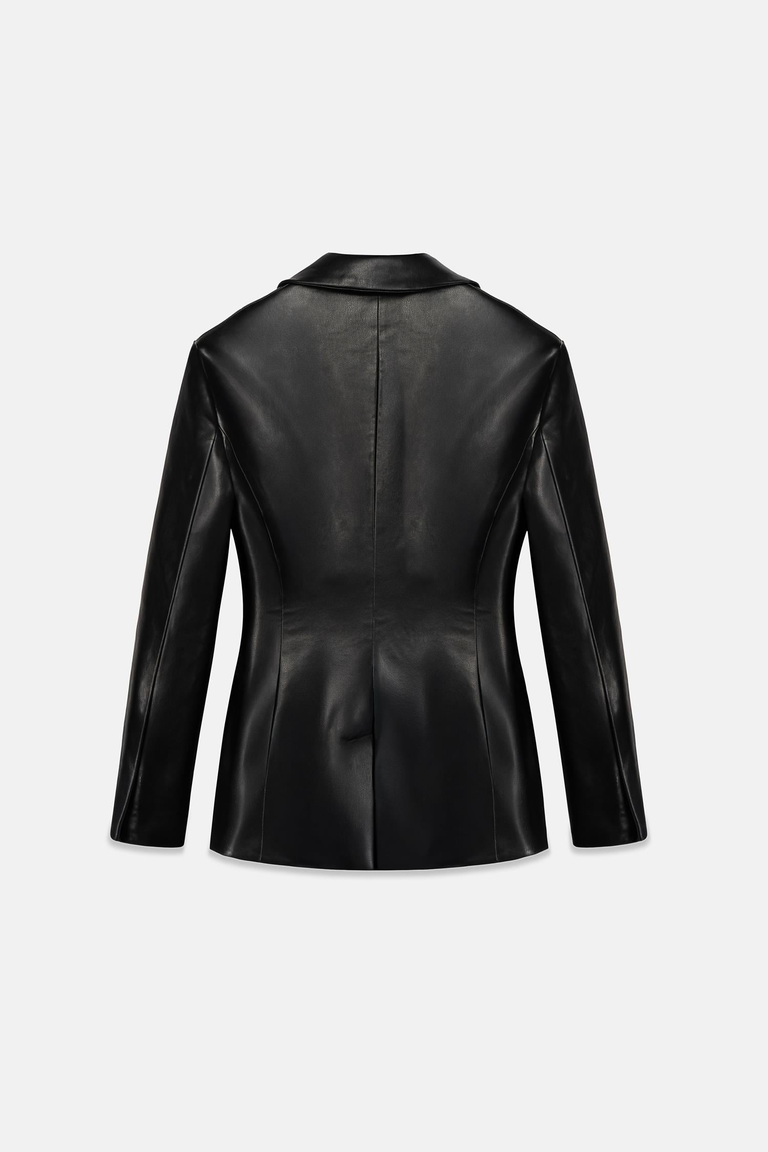 Kadın Siyah Bele Oturan Deri Blazer Ceket-Thalure