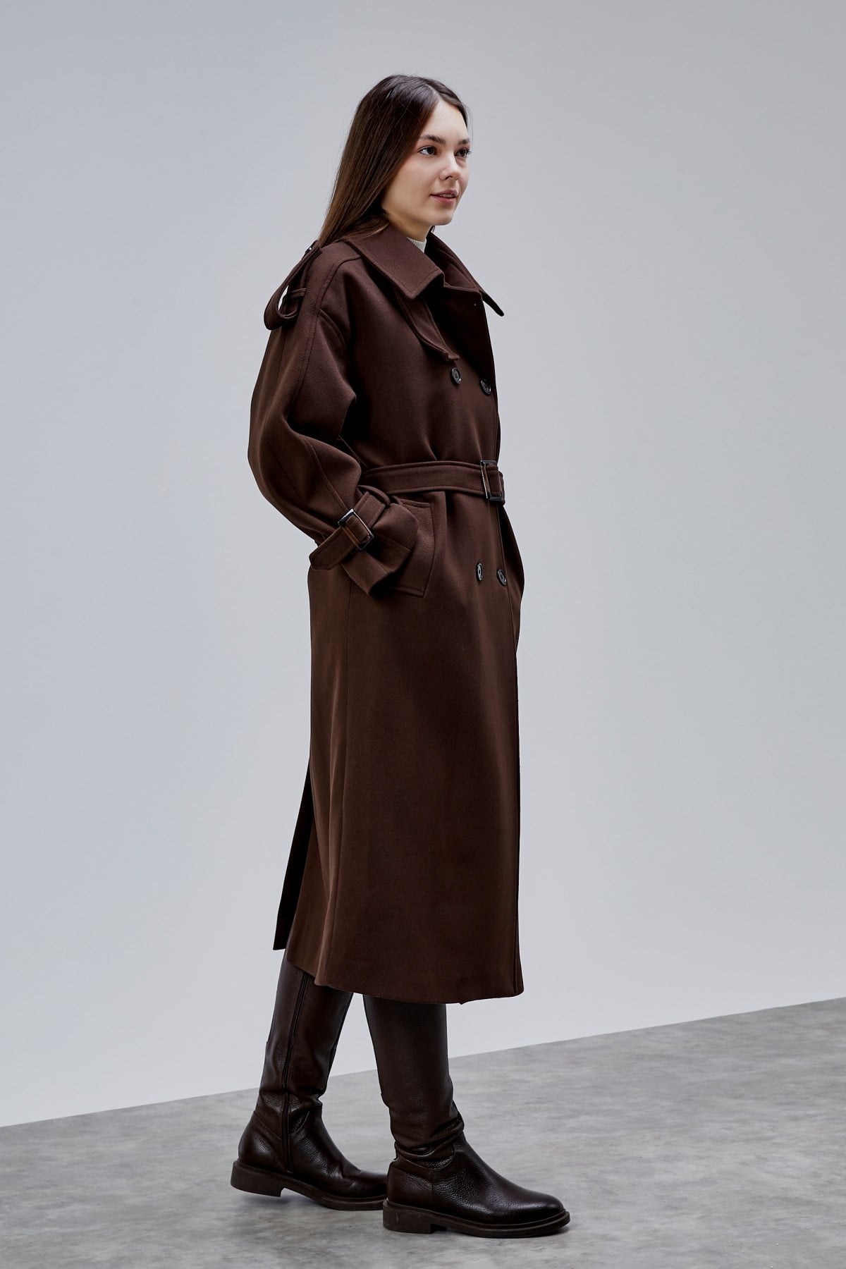 Acı Kahve Kuşaklı Oversize Kaşe Kaban 44577 