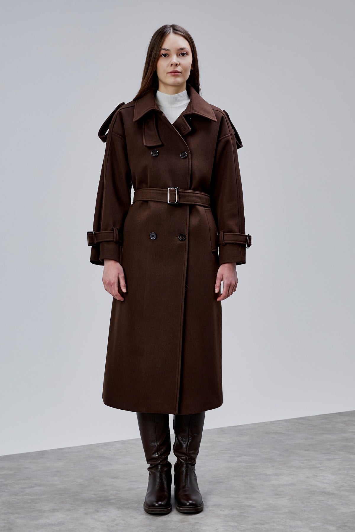 Acı Kahve Kuşaklı Oversize Kaşe Kaban 44577 